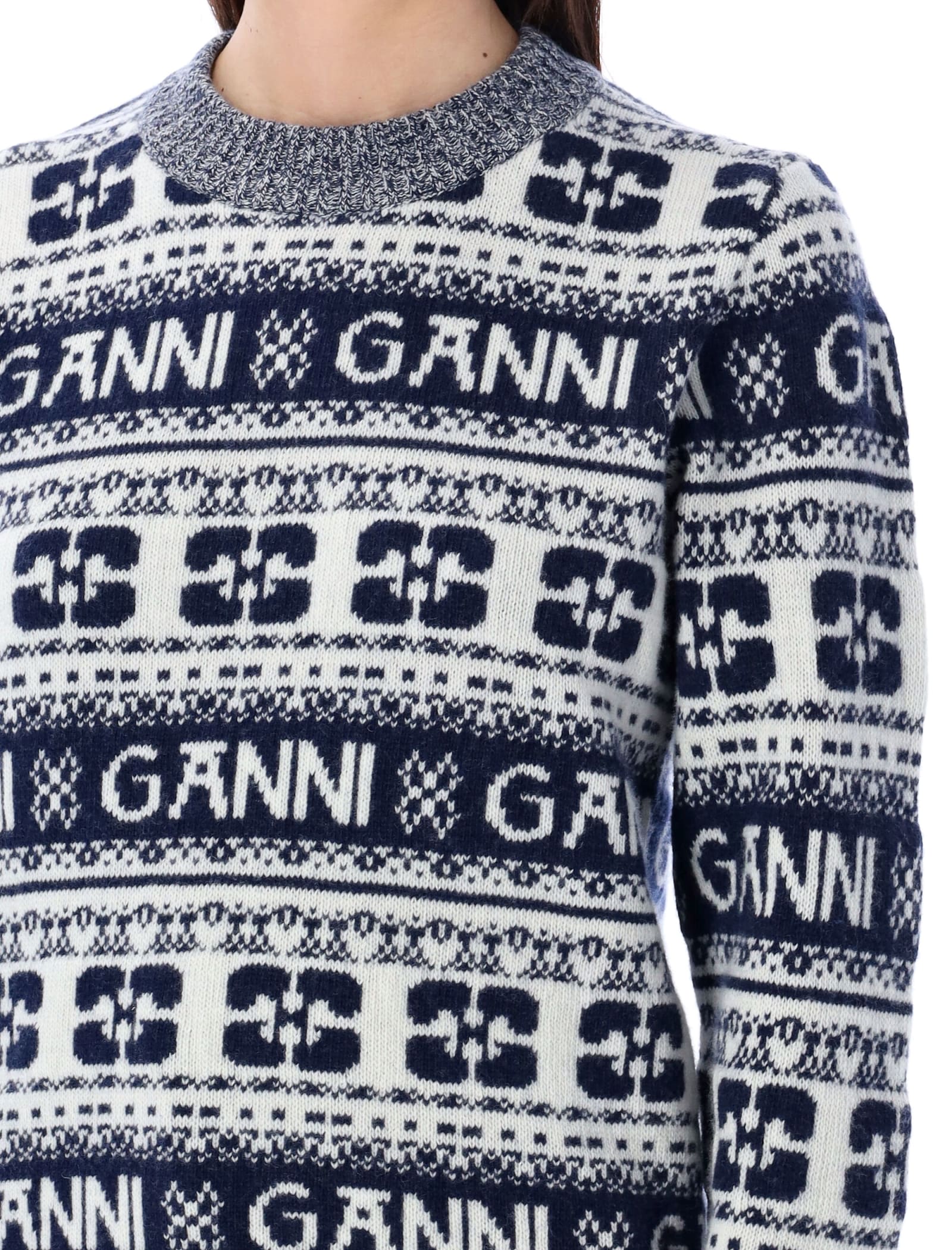 Shop Ganni Allover Logo Sweater In Sky Caapitan Grey