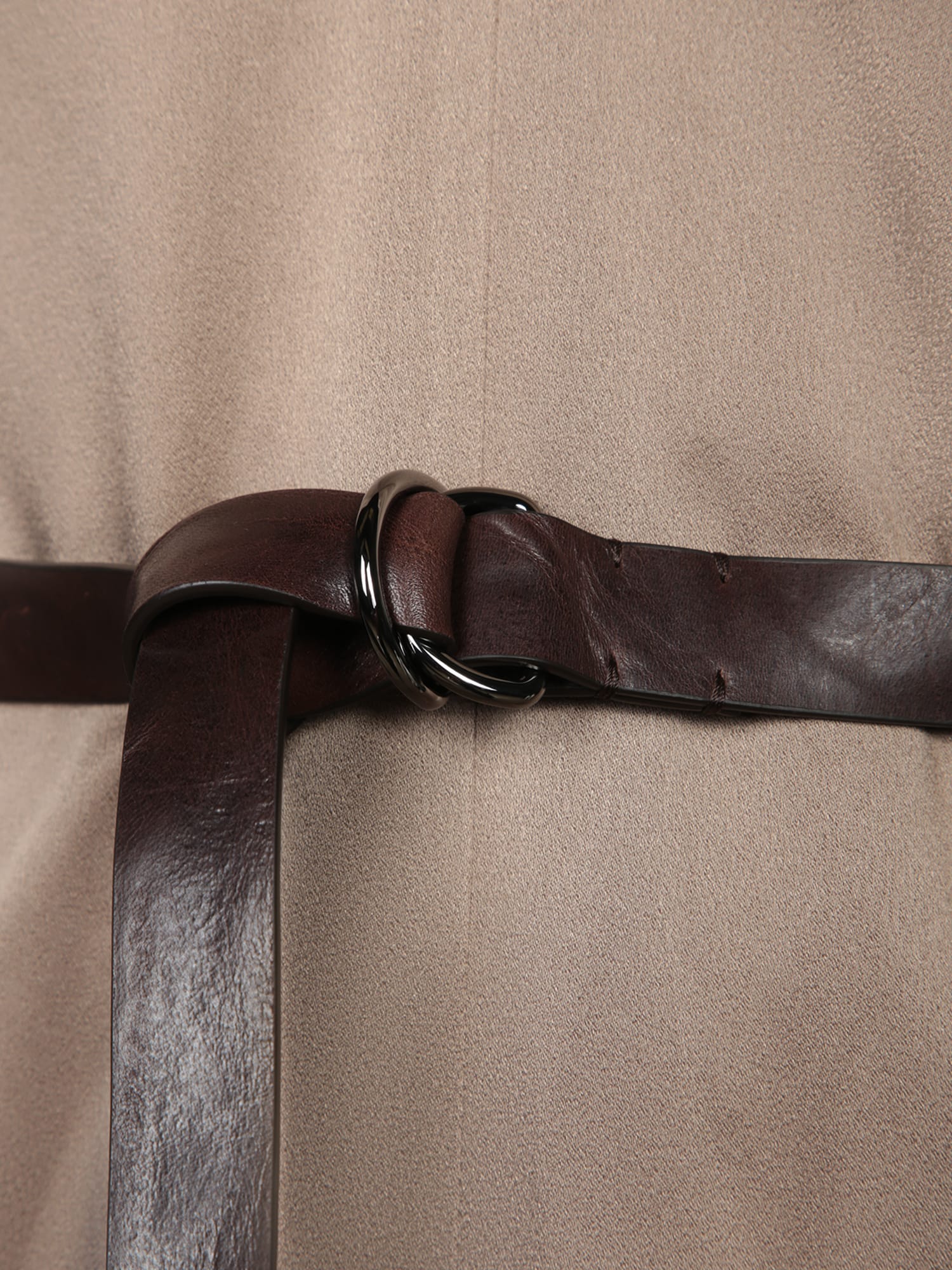 Brunello Cucinelli Taupe Satin Belted Midi Dress In Brown