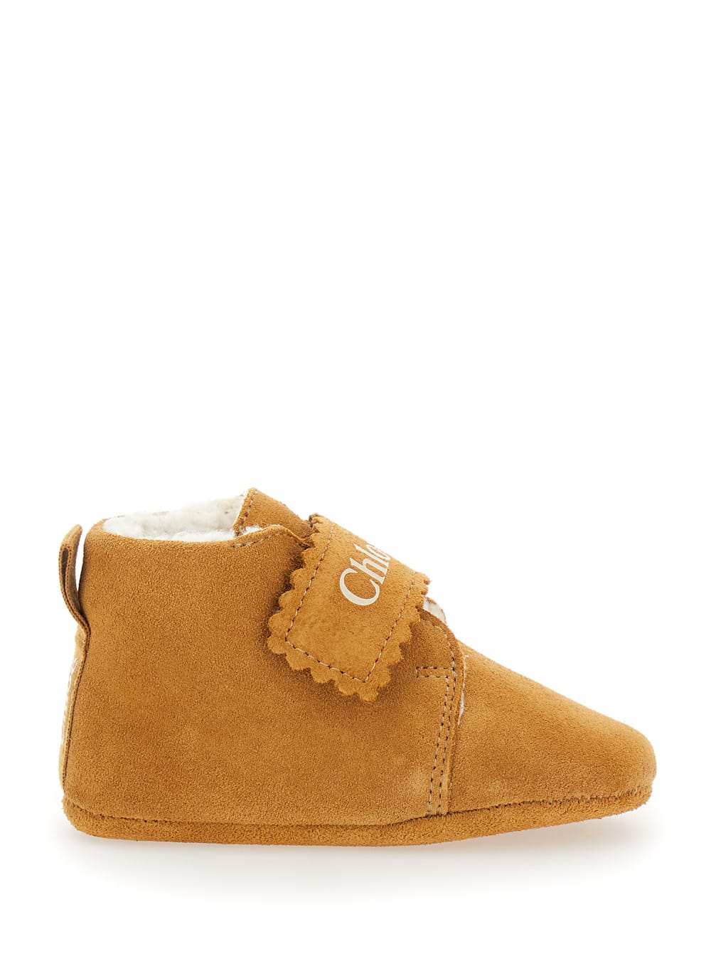 CHLOÉ BEIGE SNEAKERS WITH LOGO PRINT ON THE FRONT IN SHEARLING AND LEATHER GIRL