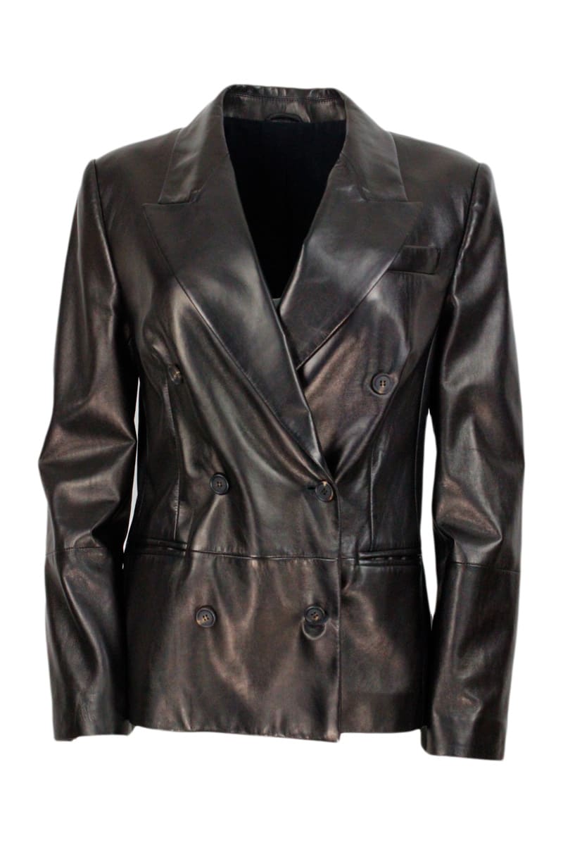 Brunello Cucinelli Jacket In Soft Nappa Lux With Monili On The Neck. Double Layer Model In Black