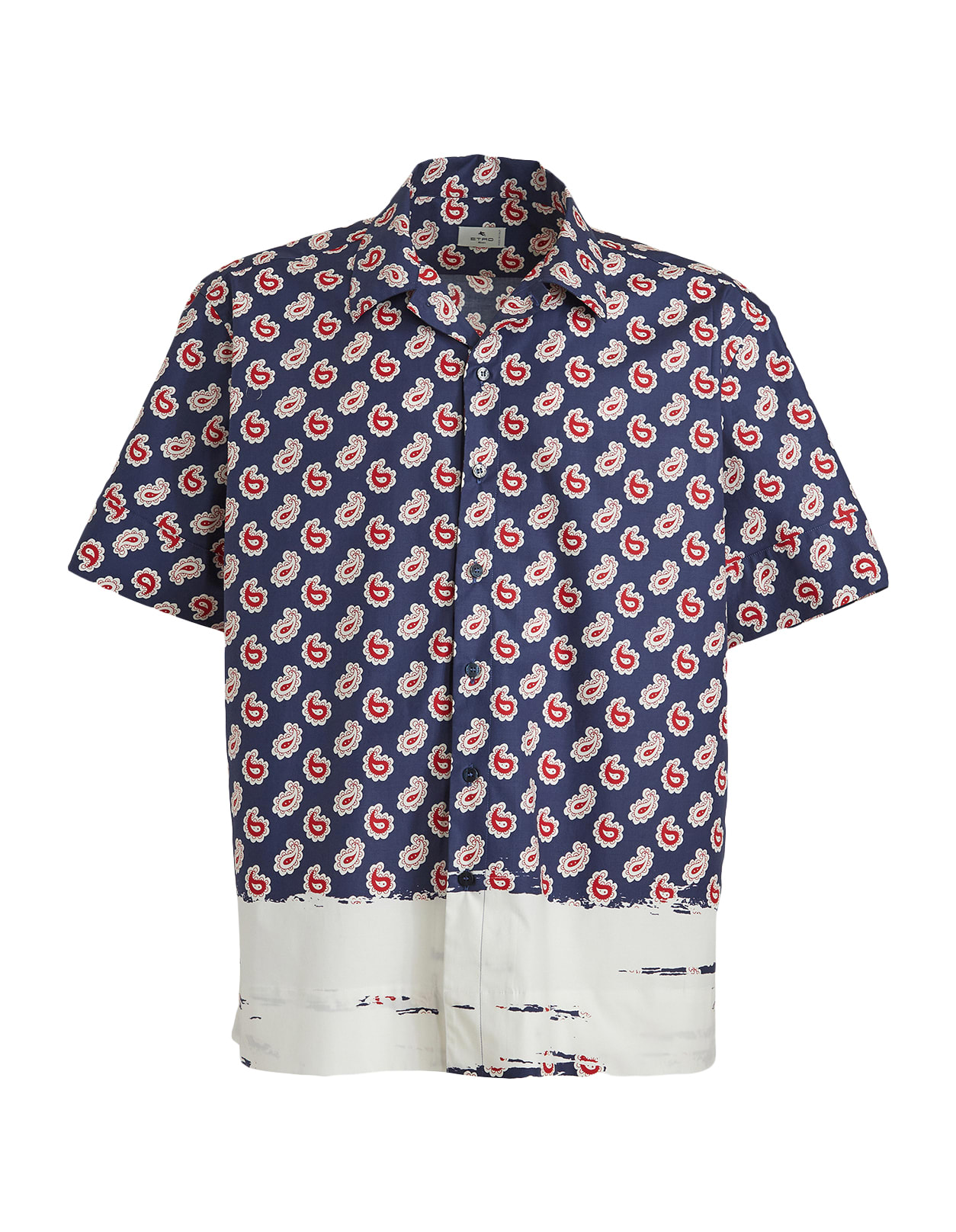 Etro Man Navy Blue Short Sleeve Shirt With Placed Paisley Print