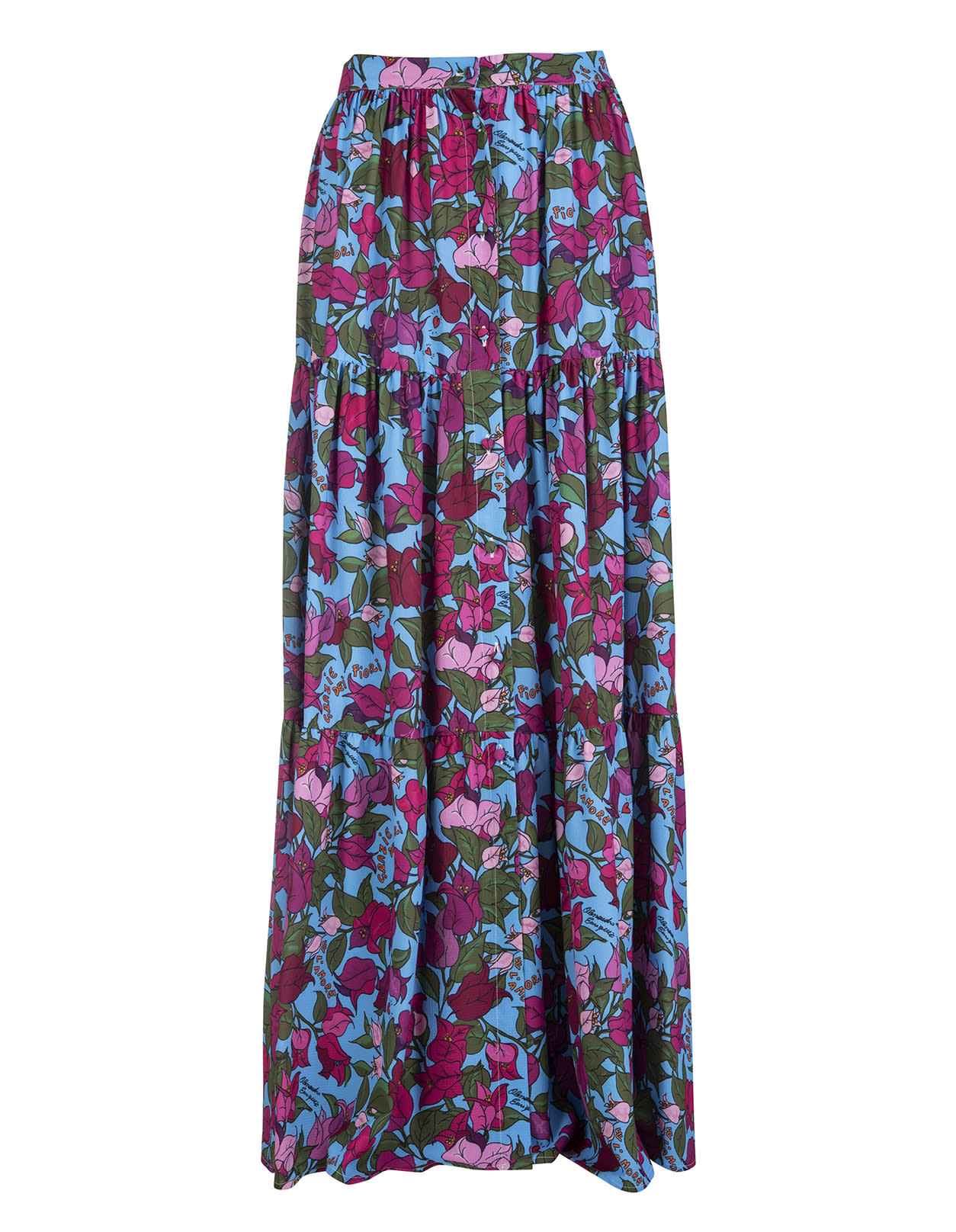 Alessandro Enriquez Long Light Blue Skirt With All-over Bougainvillea Print In Multicolore