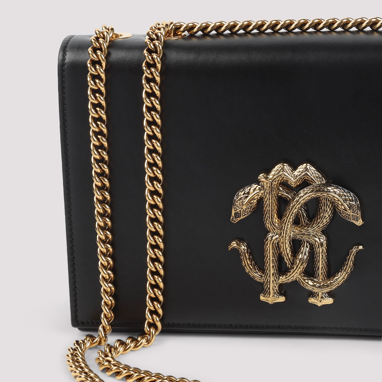 Roberto Cavalli Black Leather Shoulder Bag With Gold Emblem In Black