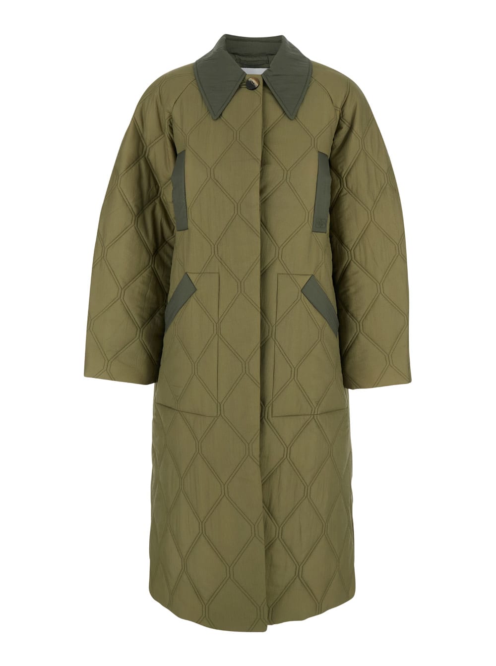 Shop Ganni Midi Green Quilted Coat In Recycled Fabric Woman