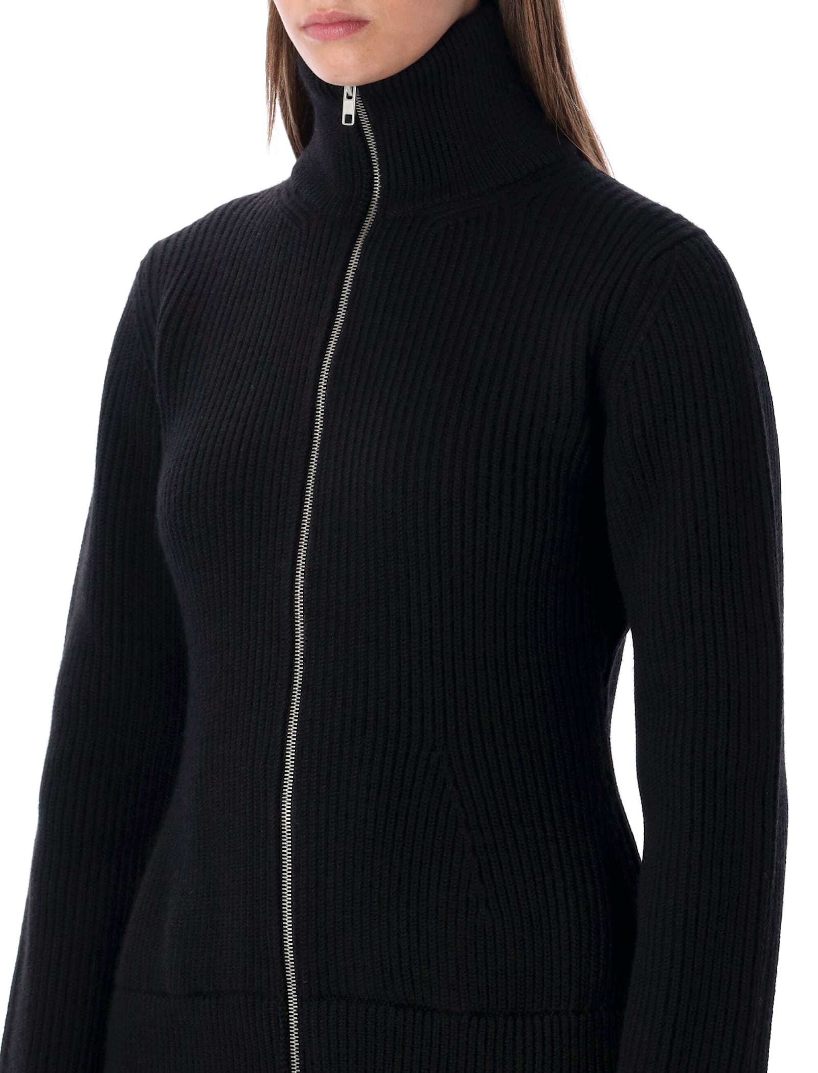 Maison Margiela Wool Ribbed Zip-up High-neck Cardigan In Black