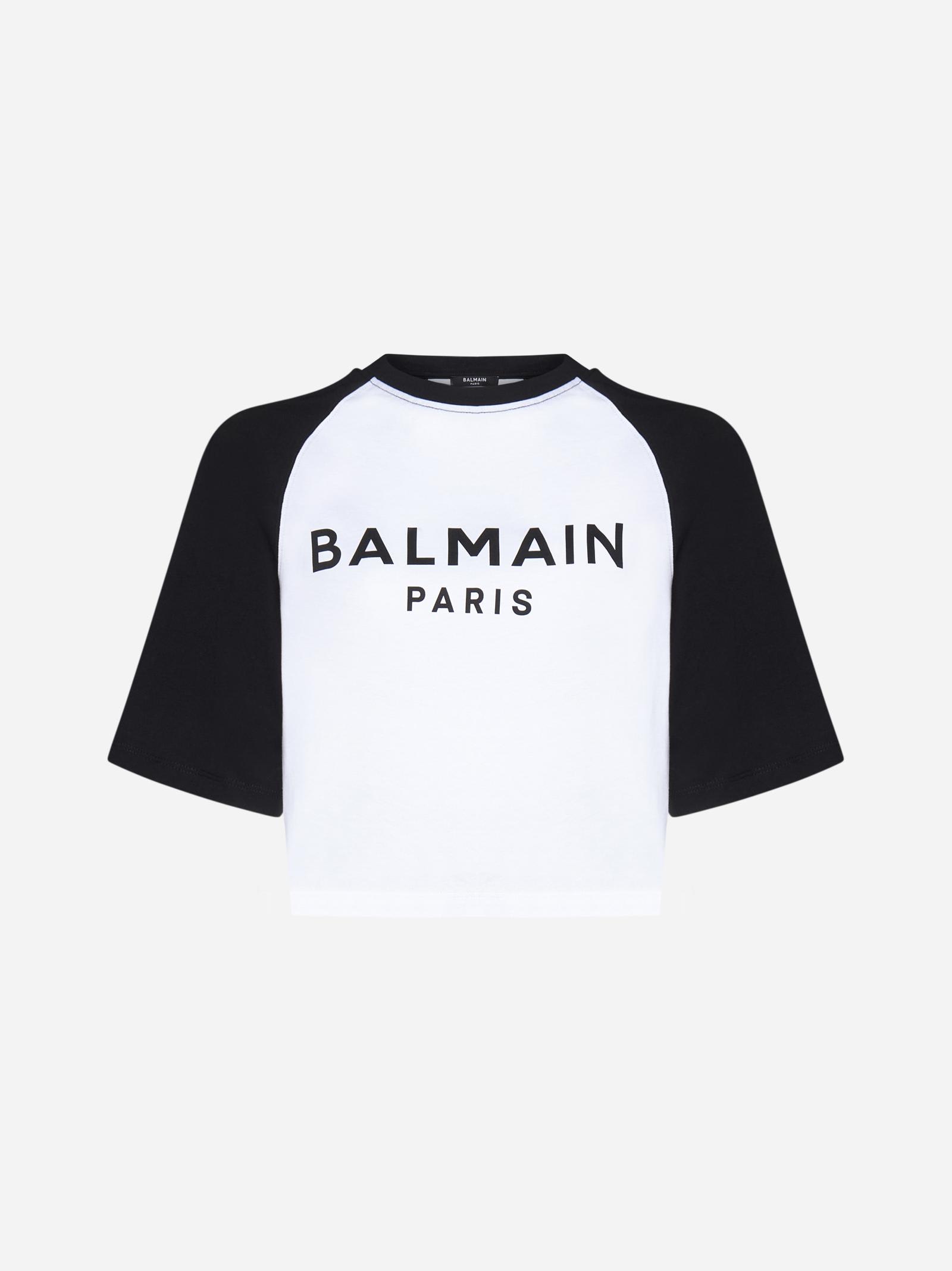 Shop Balmain Logo Cotton Cropped T-shirt In White/black