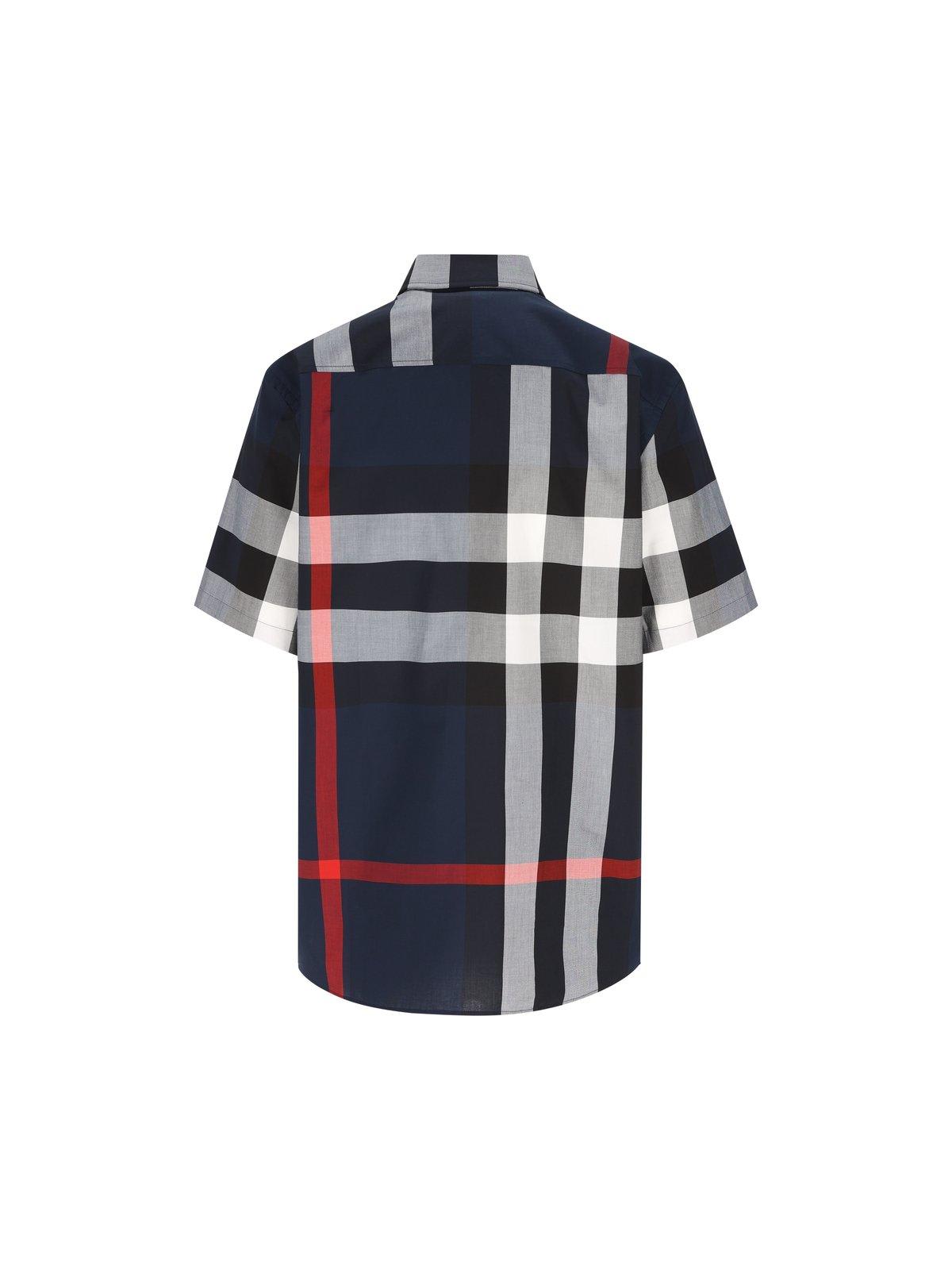 Shop Burberry Check-pattern Short Sleeved Shirt In Blue