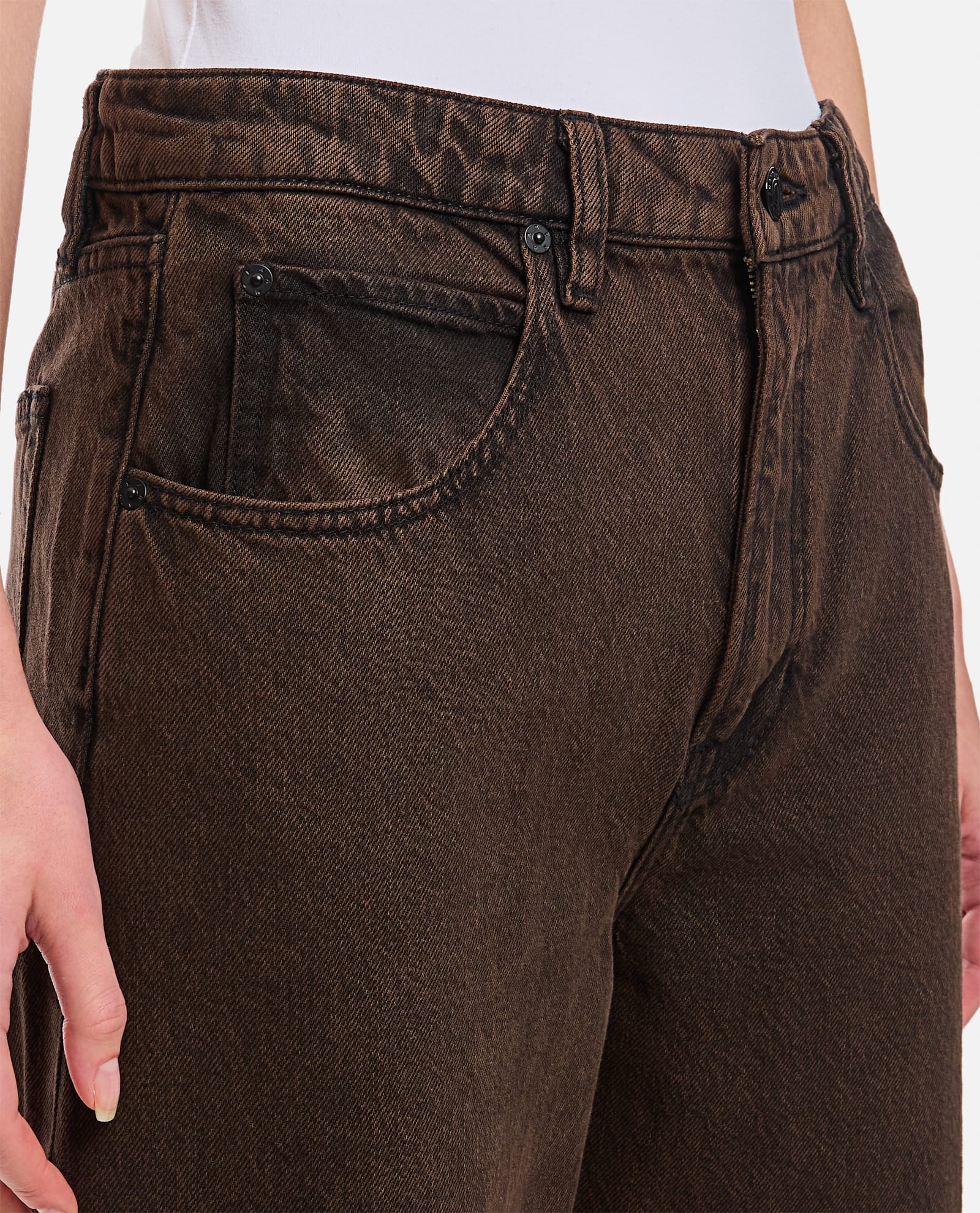 Shop Frame Long Barrel Denim Pants In Brown