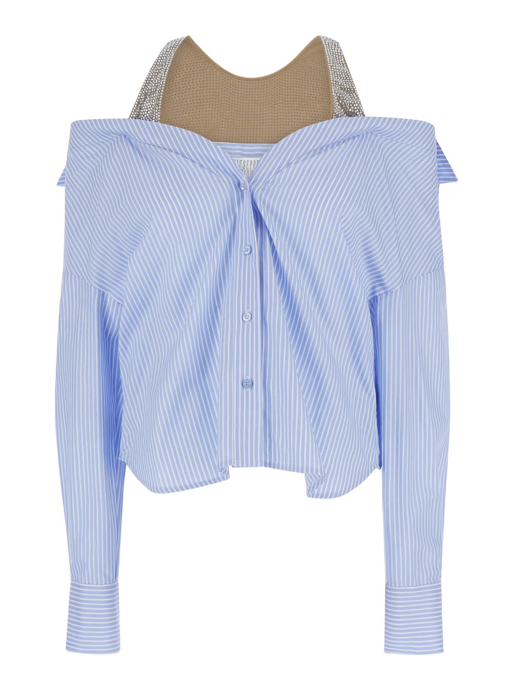 GIUSEPPE DI MORABITO LIGHT BLUE SHIRT WITH RHINESTONE INSERTS IN COTTON WOMAN