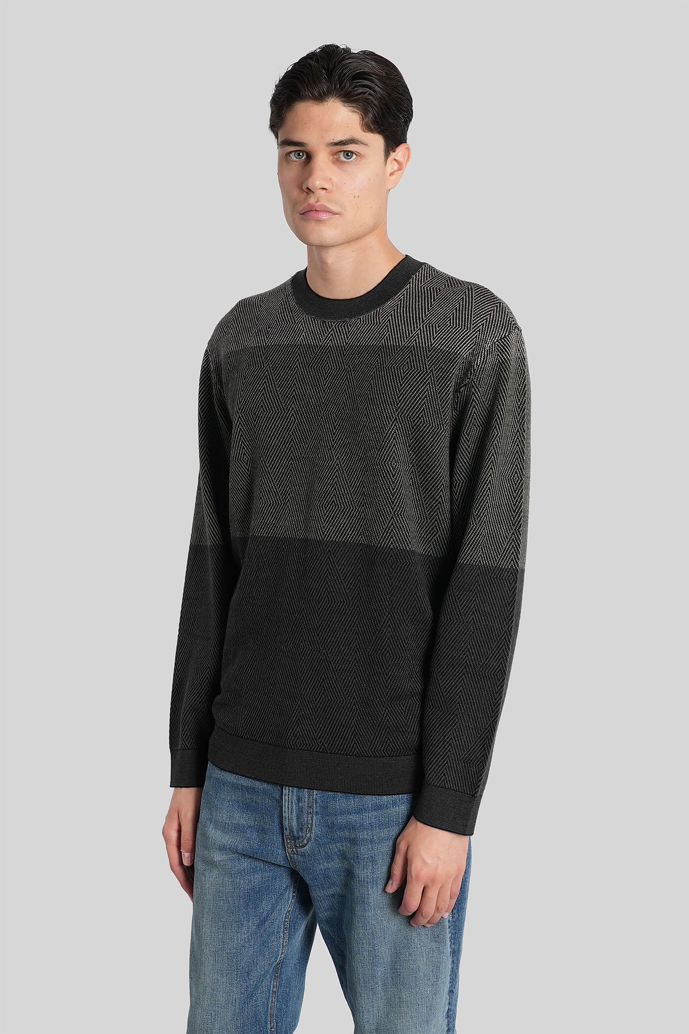 Emporio Armani Virgin Wool Jumper With Micro Jacquard Op-art Diamonds In Multi