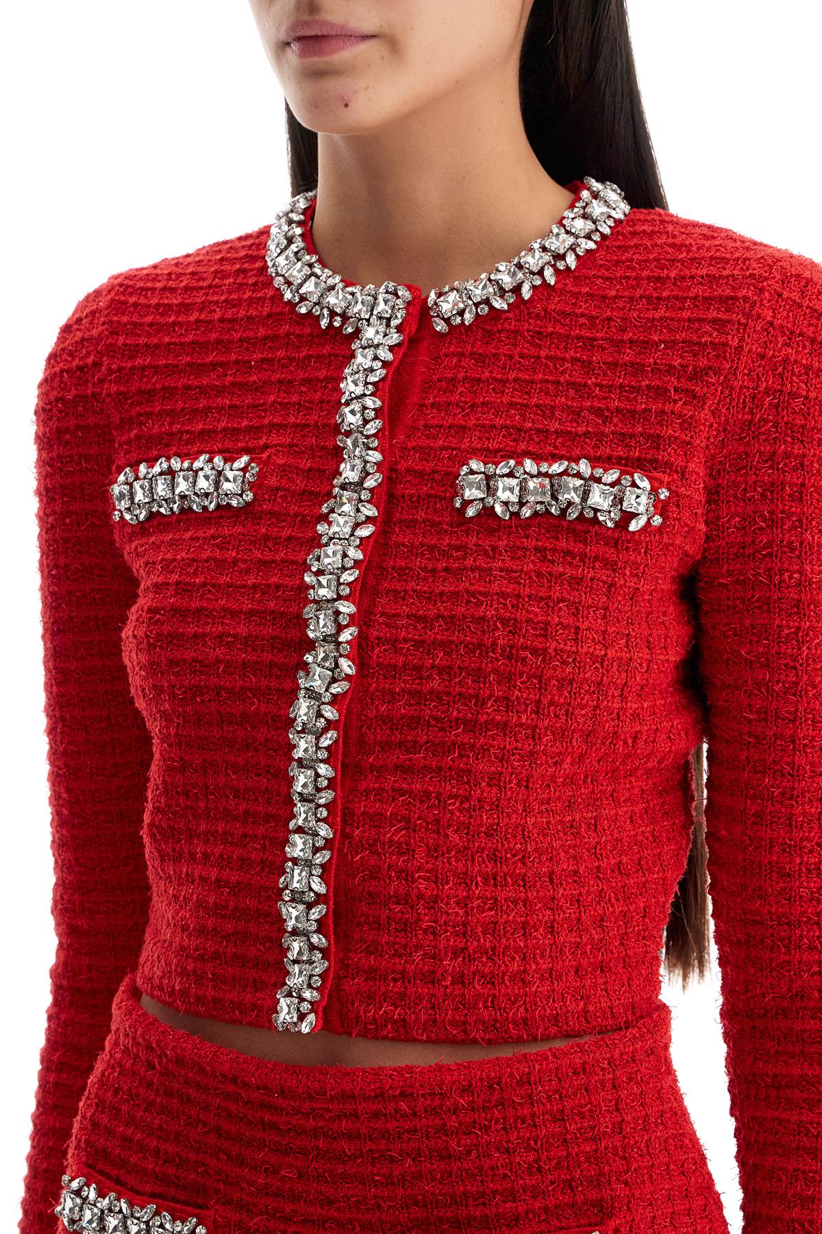 Shop Self-portrait Short Cardigan With Crystals In Red (red)