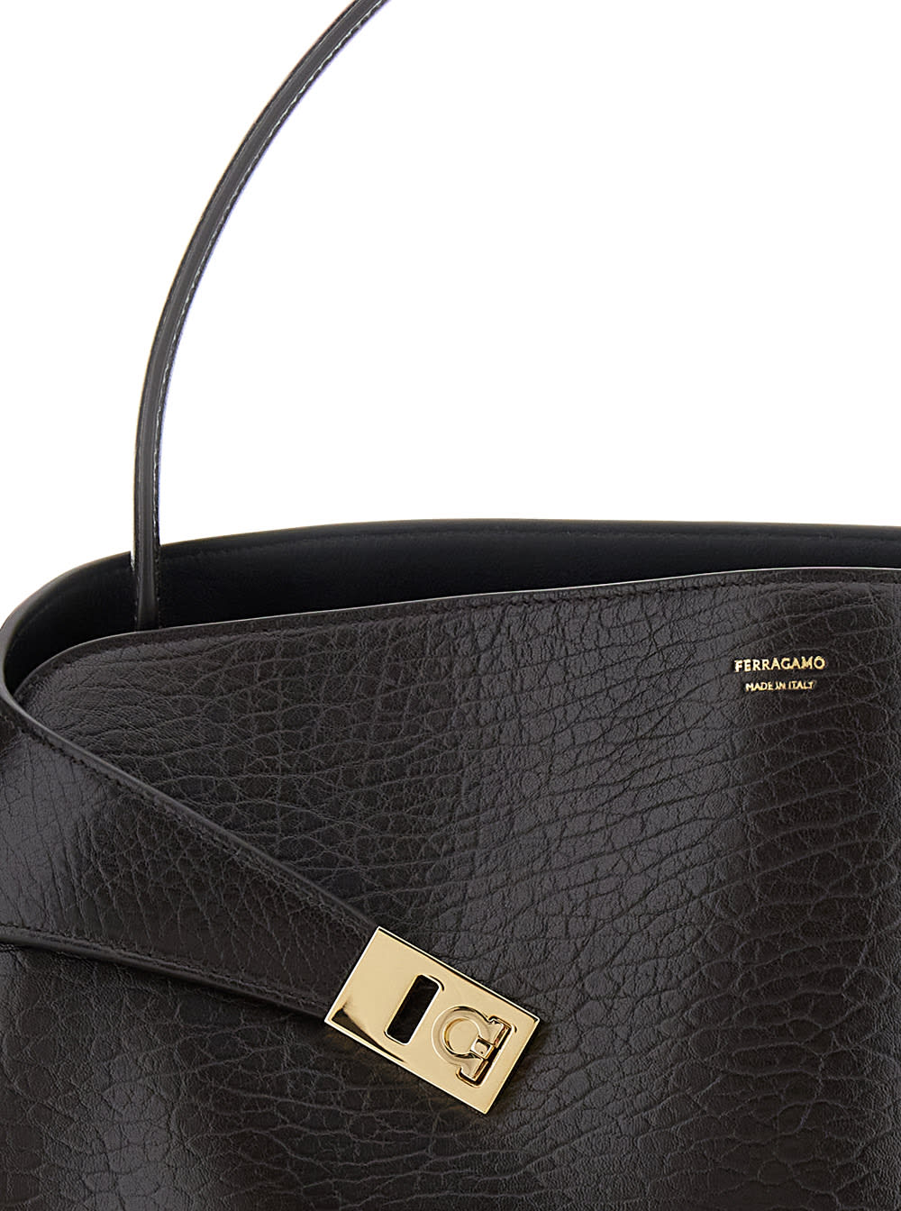 Ferragamo Hug Brown Shoulder Bag With Logo Printed On Front In Grained Leather Woman In Brown