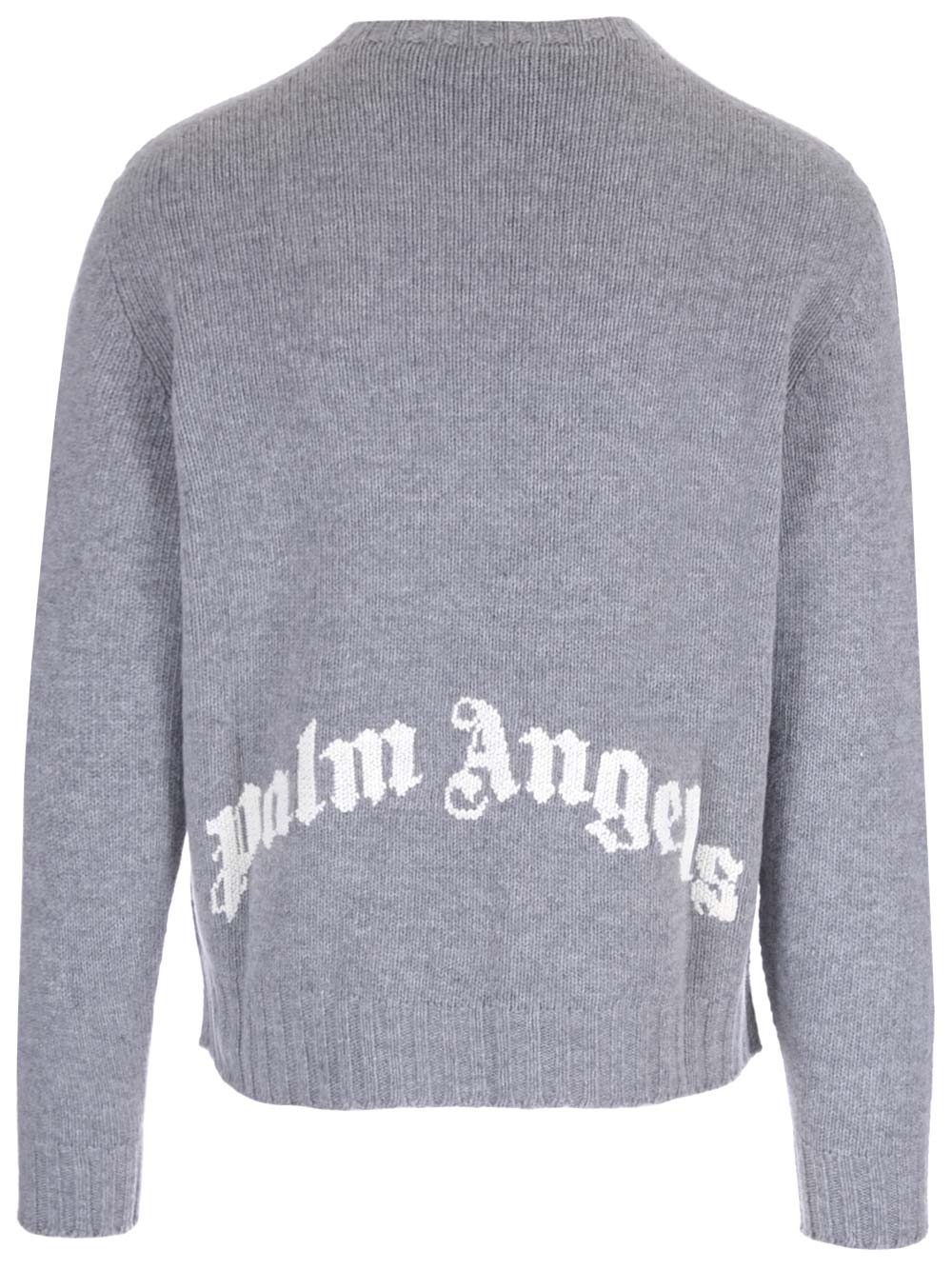 Shop Palm Angels Grey Wool Sweater With White Curved Logo On The Back