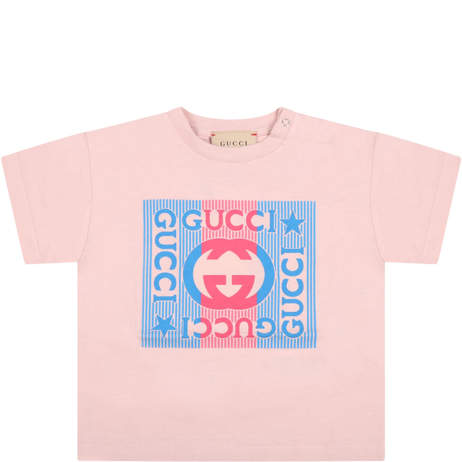 Gucci Pink T-shirt For Babykids With Red And Blue Logo