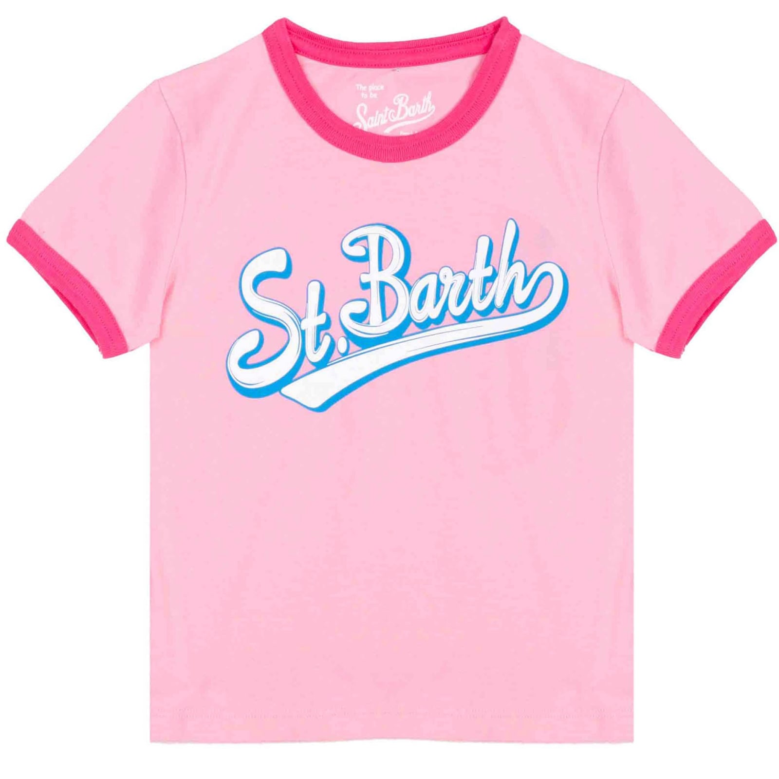 Mc2 Saint Barth Kids' Girl Cotton T-shirt With St.bart Print In Pink
