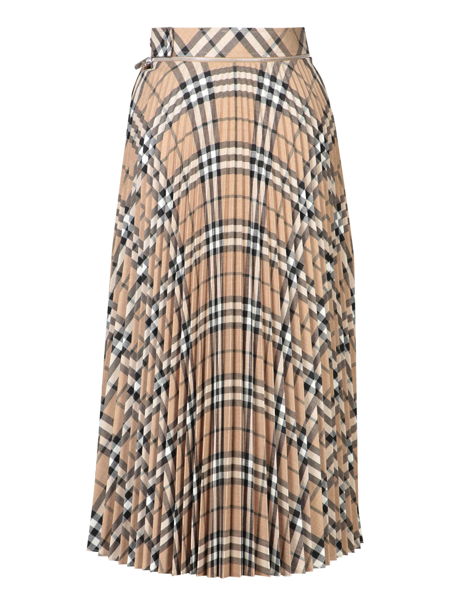 Shop Burberry Beige Checked Pleated Midi Skirt