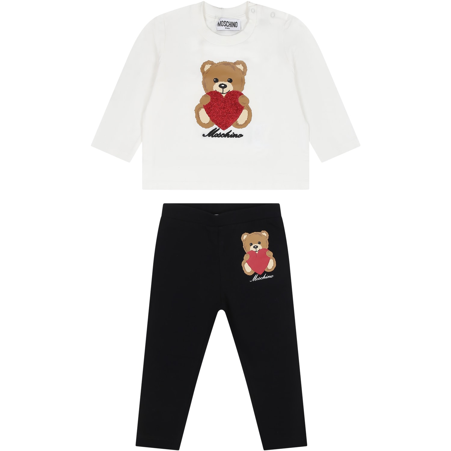 Shop Moschino White Tracksuit For Baby Girl With Teddy Bear And Logo In Multicolor