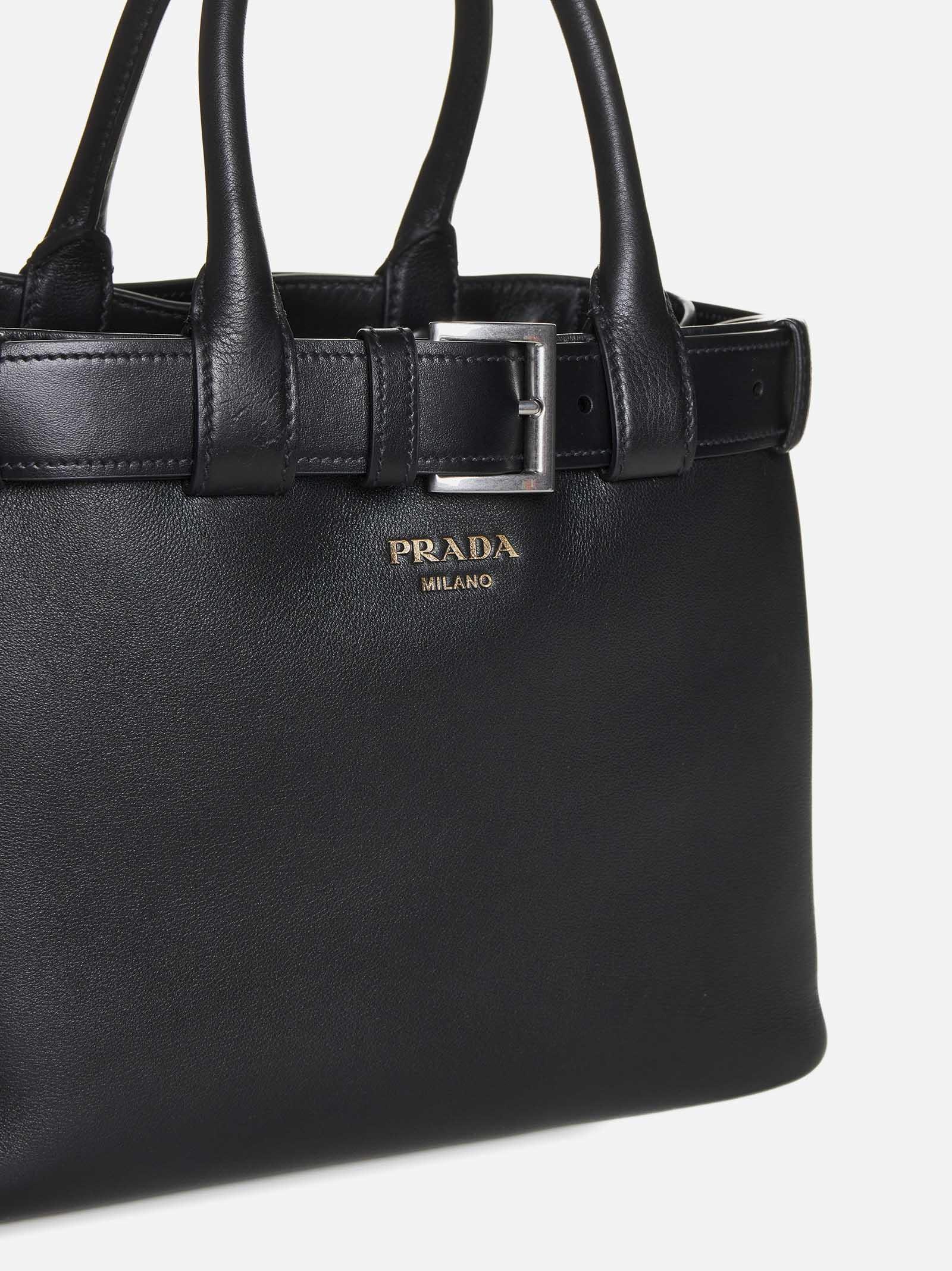 Shop Prada Buckle Leather Medium Tote Bag