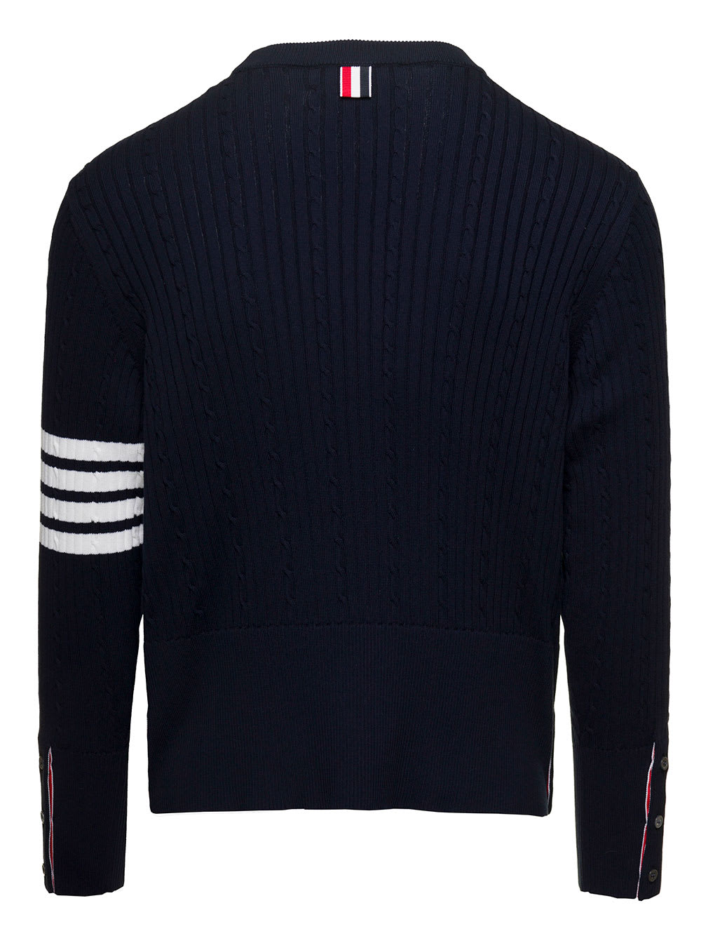 Shop Thom Browne Cable-knit Jumper With Signature 4 Bar Detailing In Blue Cotton Man
