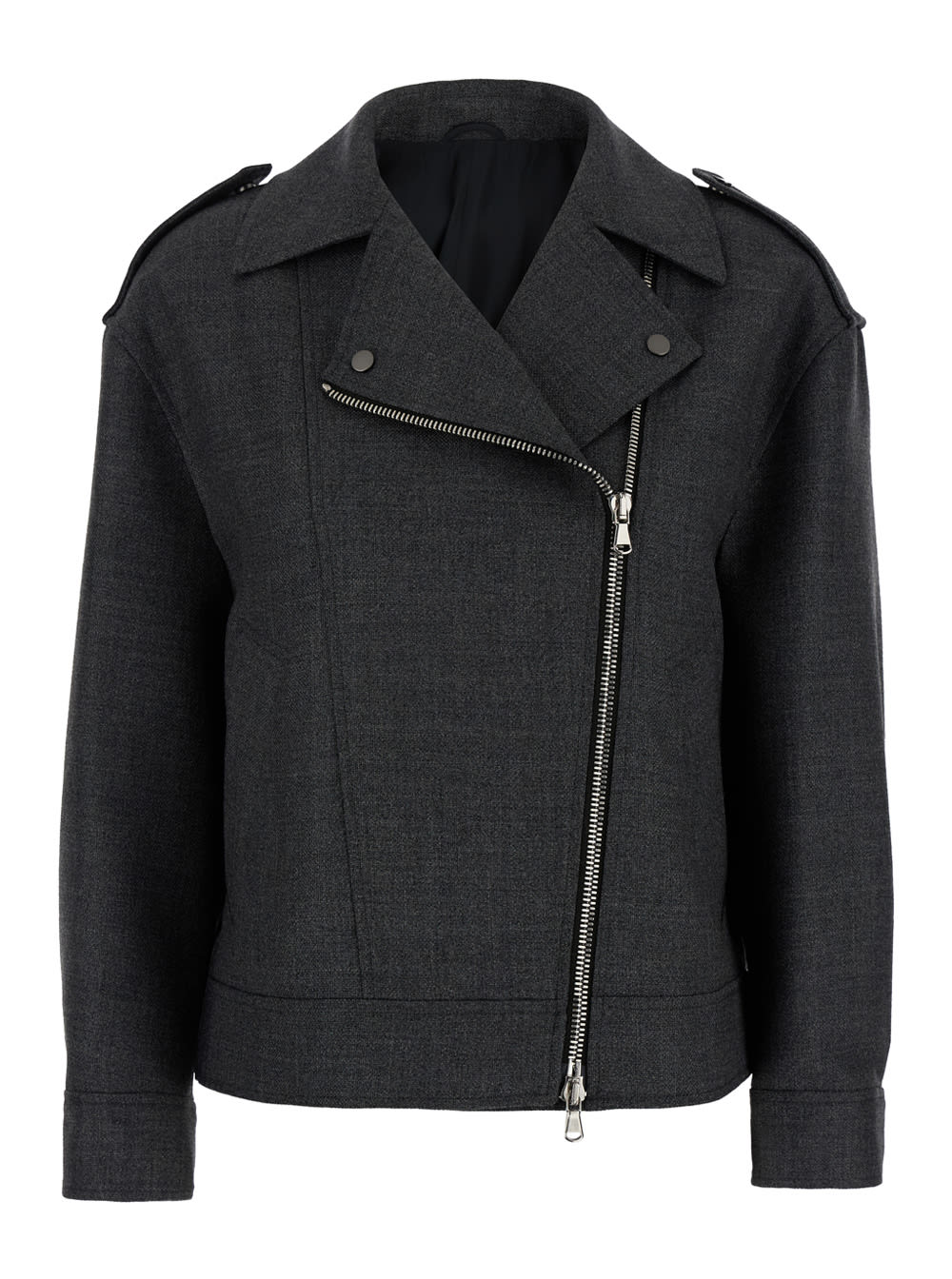Grey Biker Jacket With Zip Closure In Wool Woman