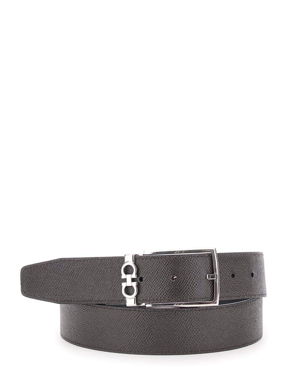 Ferragamo Black Reversible Belt With Gancini Buckle Belt In Grained Leather Man