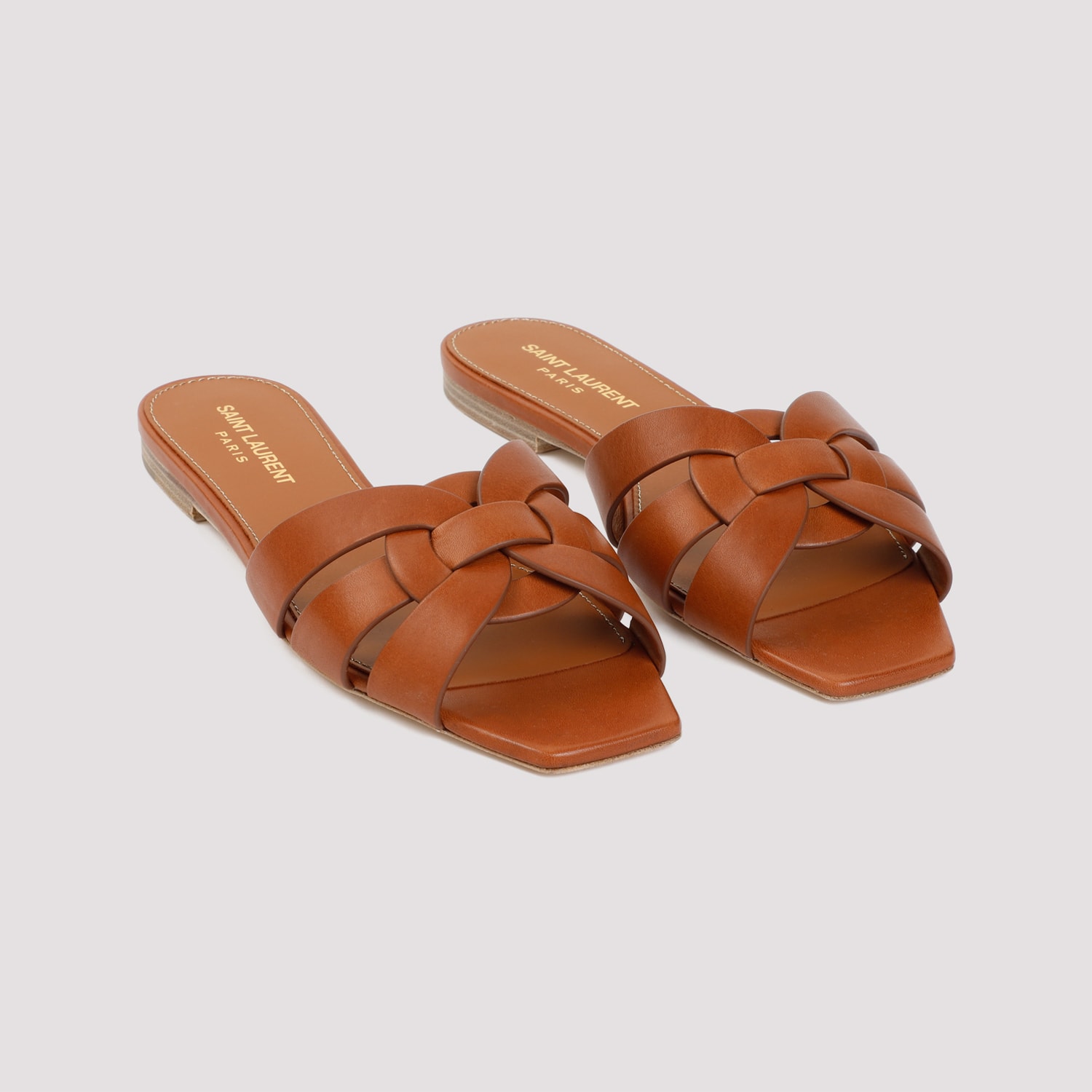 Saint Laurent Tribute Woven Leather Flat Sandals In Brown