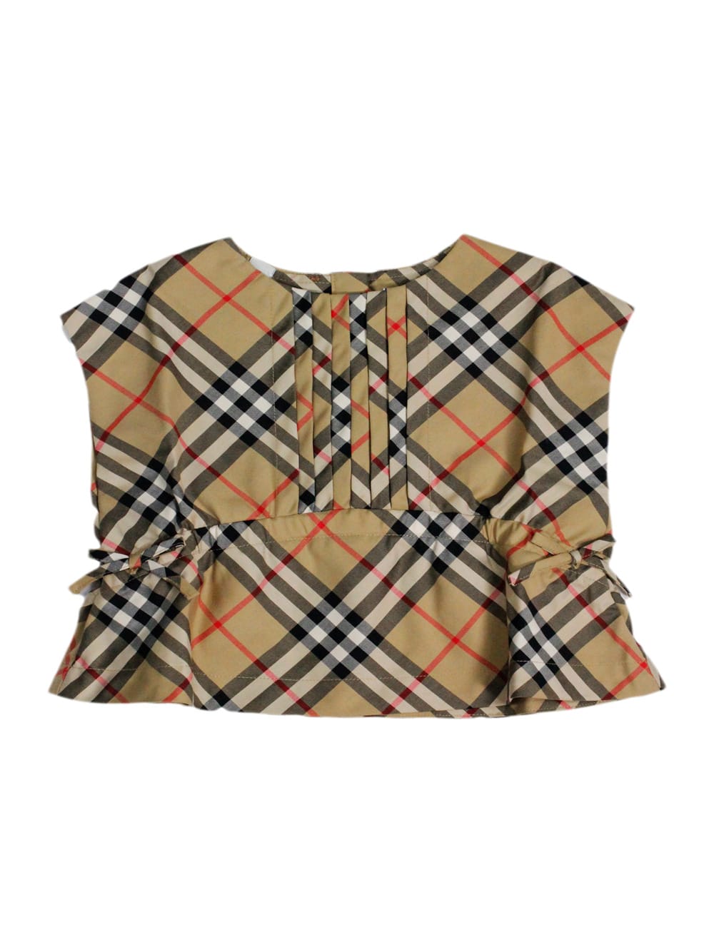 Burberry Kids' Sleeveless Crew-neck Shirt With Pleats On The Front In A Check Pattern In Beige