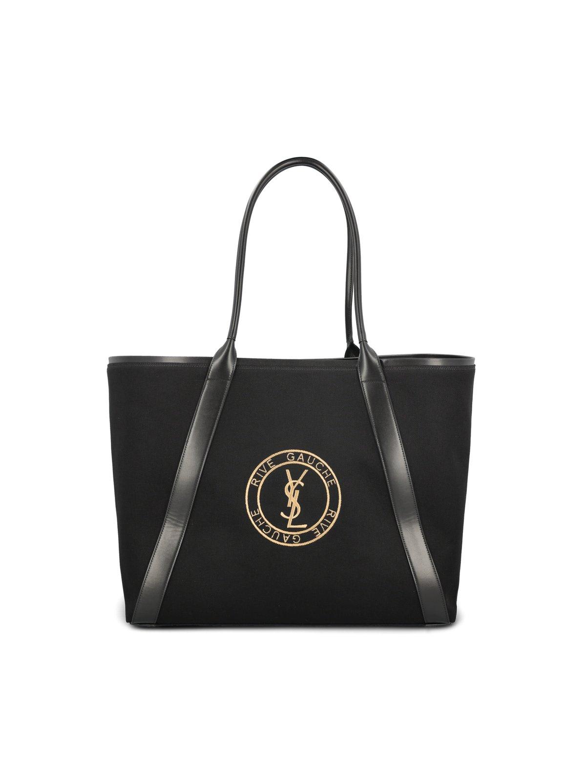 Shop Saint Laurent Rive Gauche Logo Embroidered Tote Bag In Nero Beige