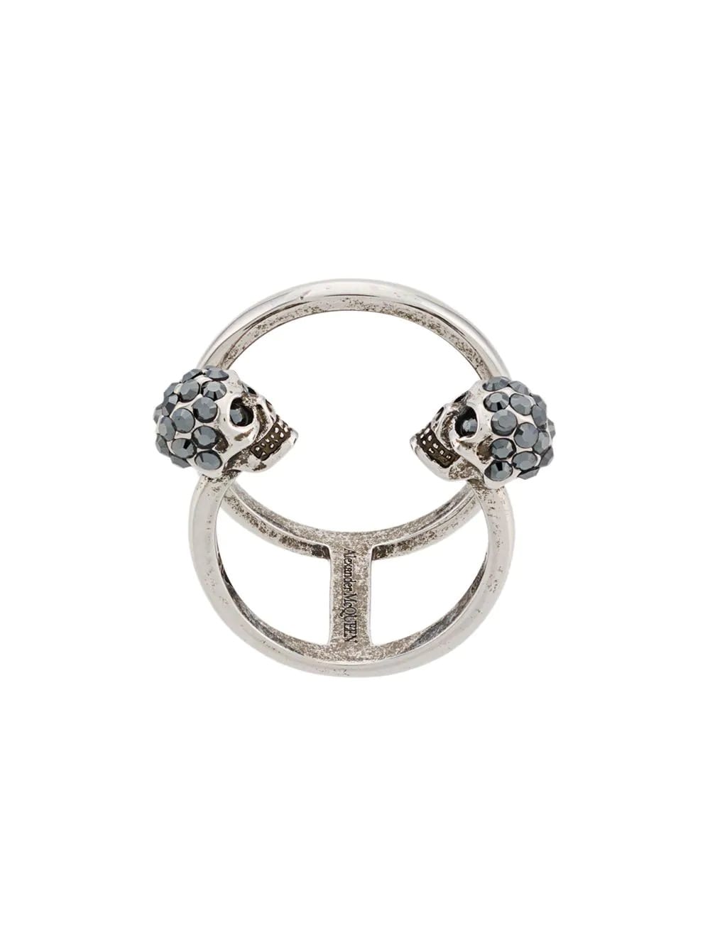 Double Twin Skull Ring In Antique Silver