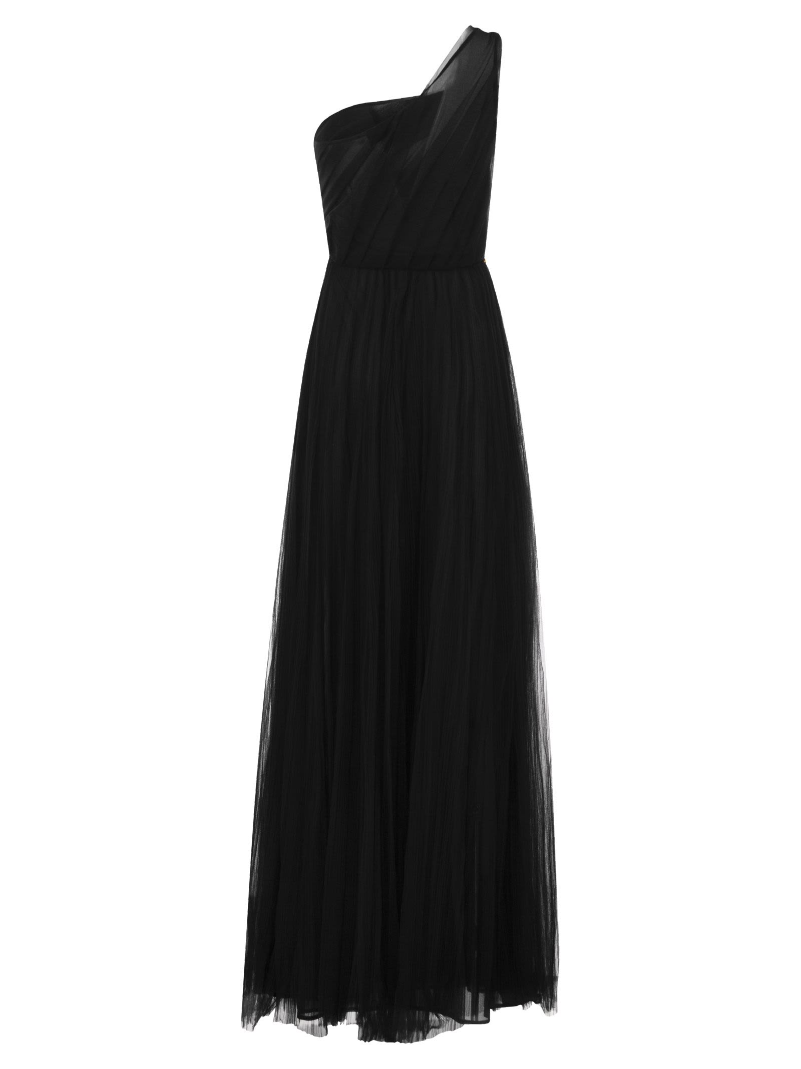 Shop Elisabetta Franchi One-shoulder Tulle Red Carpet Dress In Black
