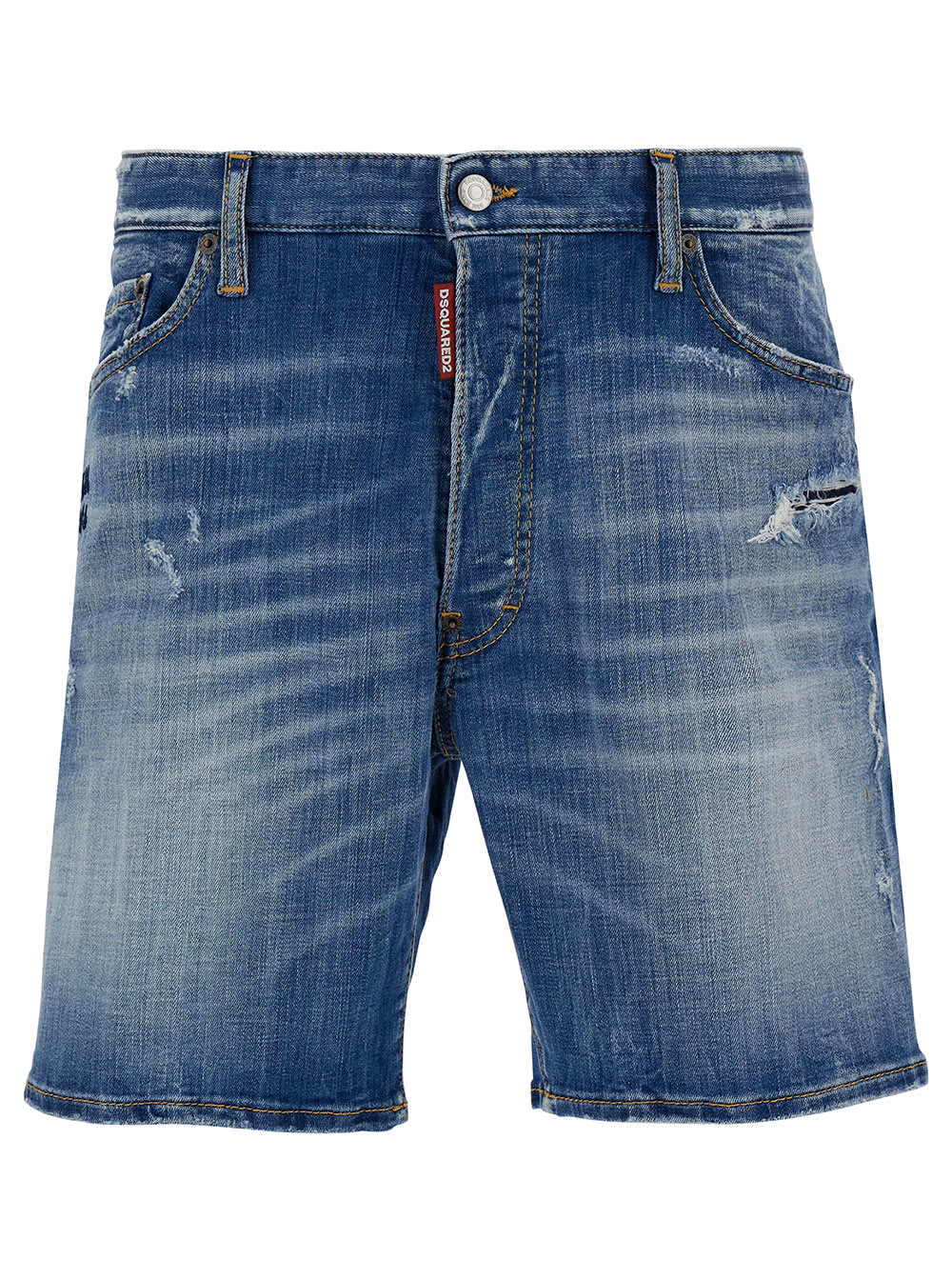 Shop Dsquared2 Marine Blue Bermuda Shorts With Logo Patch In Stretch Cotton Denim Man