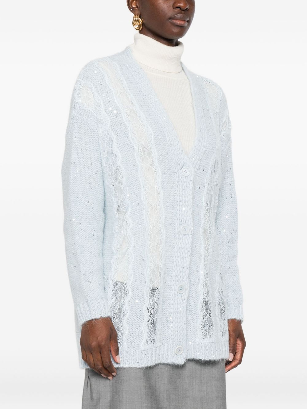 Ermanno Firenze Cable Knit Cardigan With Lace And Sequins In Blue