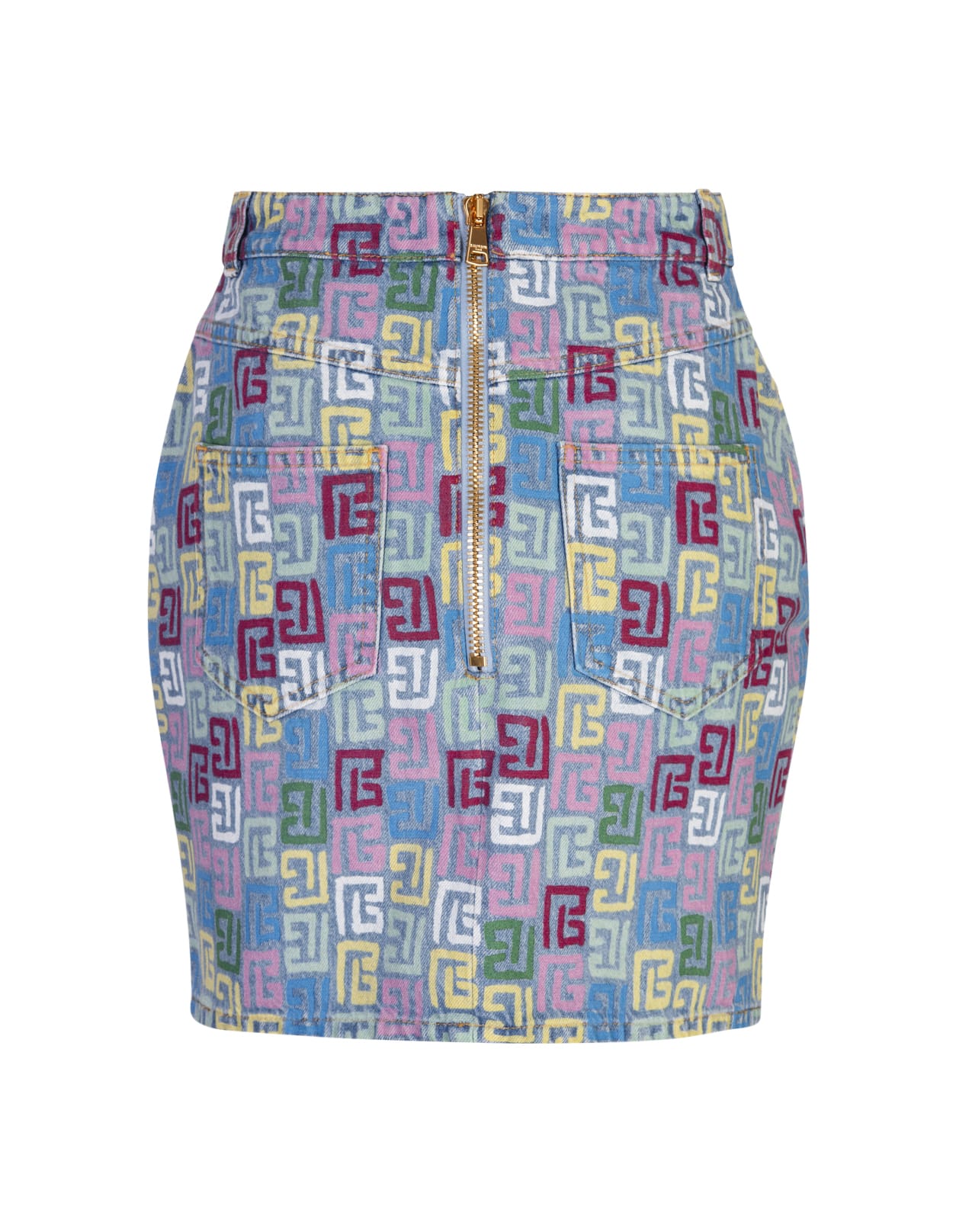 Shop Balmain Monogram Denim Short Skirt In Blue