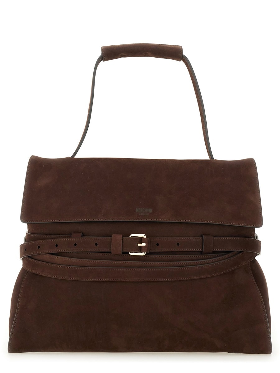 Moschino Buckle Nubuck Leather Tote Bag In Brown