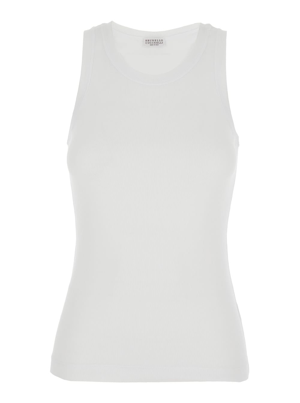 Brunello Cucinelli White Sleeveless Top With Round Neck And Monil Detail On The Rear In Cotton Stretch Woman