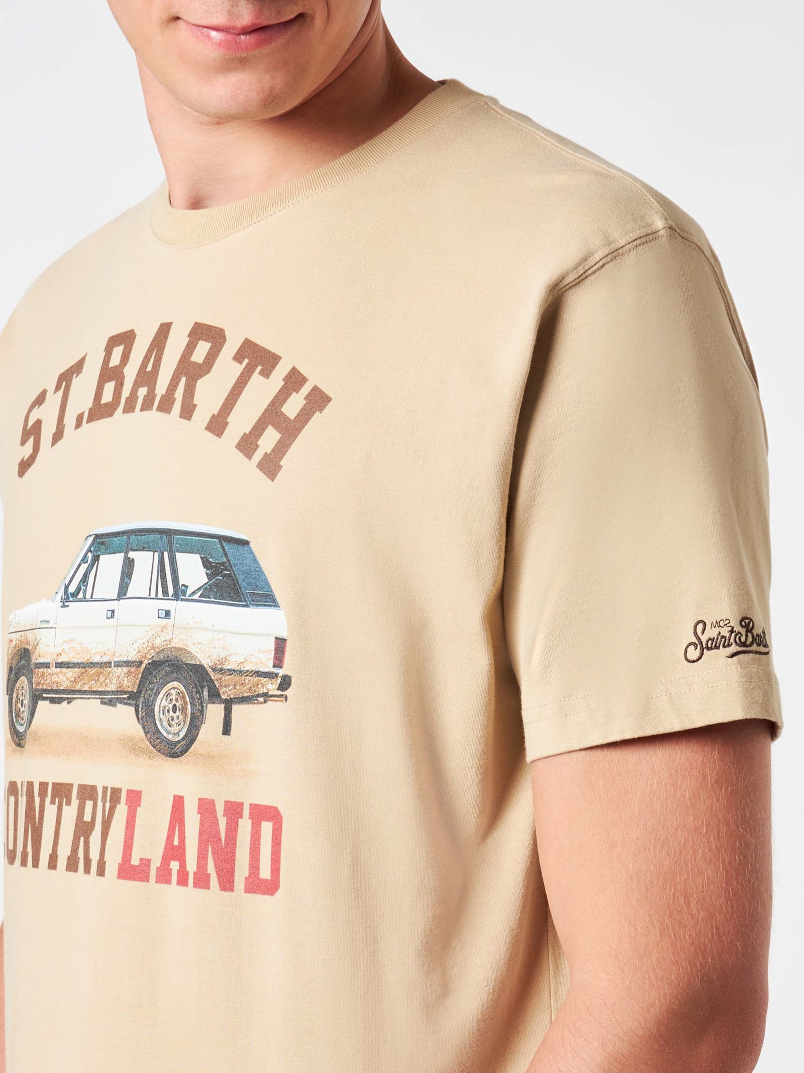 Mc2 Saint Barth Man Heavy Cotton T-shirt With St. Barth Countryland Print In White