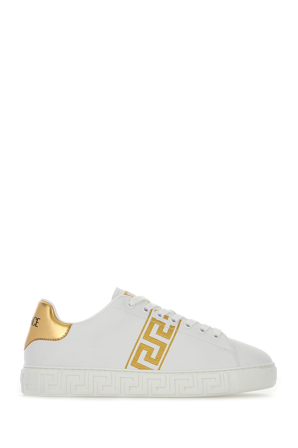 Versace White Leather Greca Sneakers In Whitegold