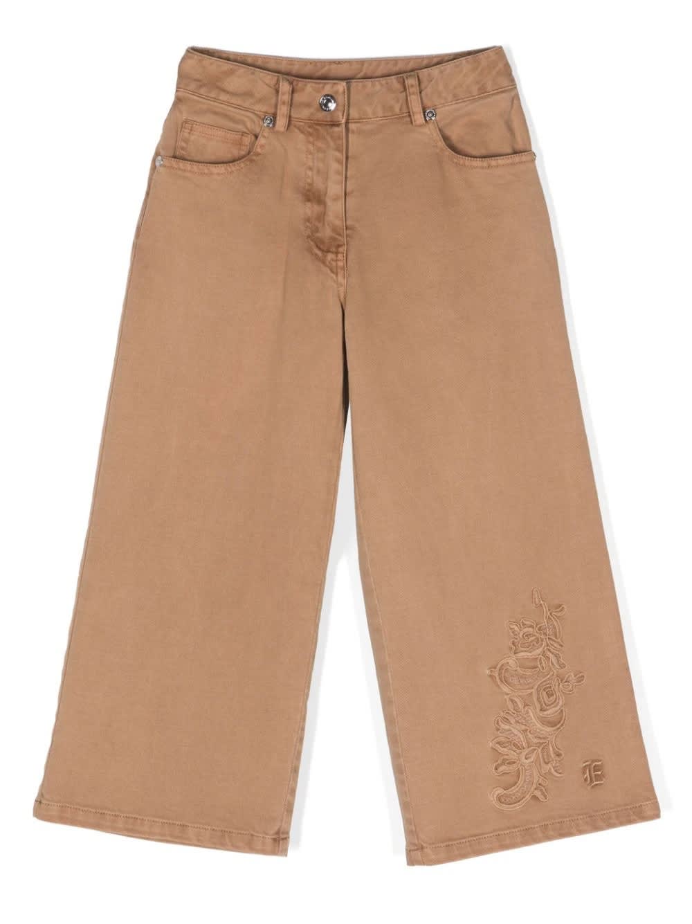 ERMANNO SCERVINO JUNIOR BEIGE WIDE JEANS WITH FLORAL LACE AND MONOGRAM LOGO