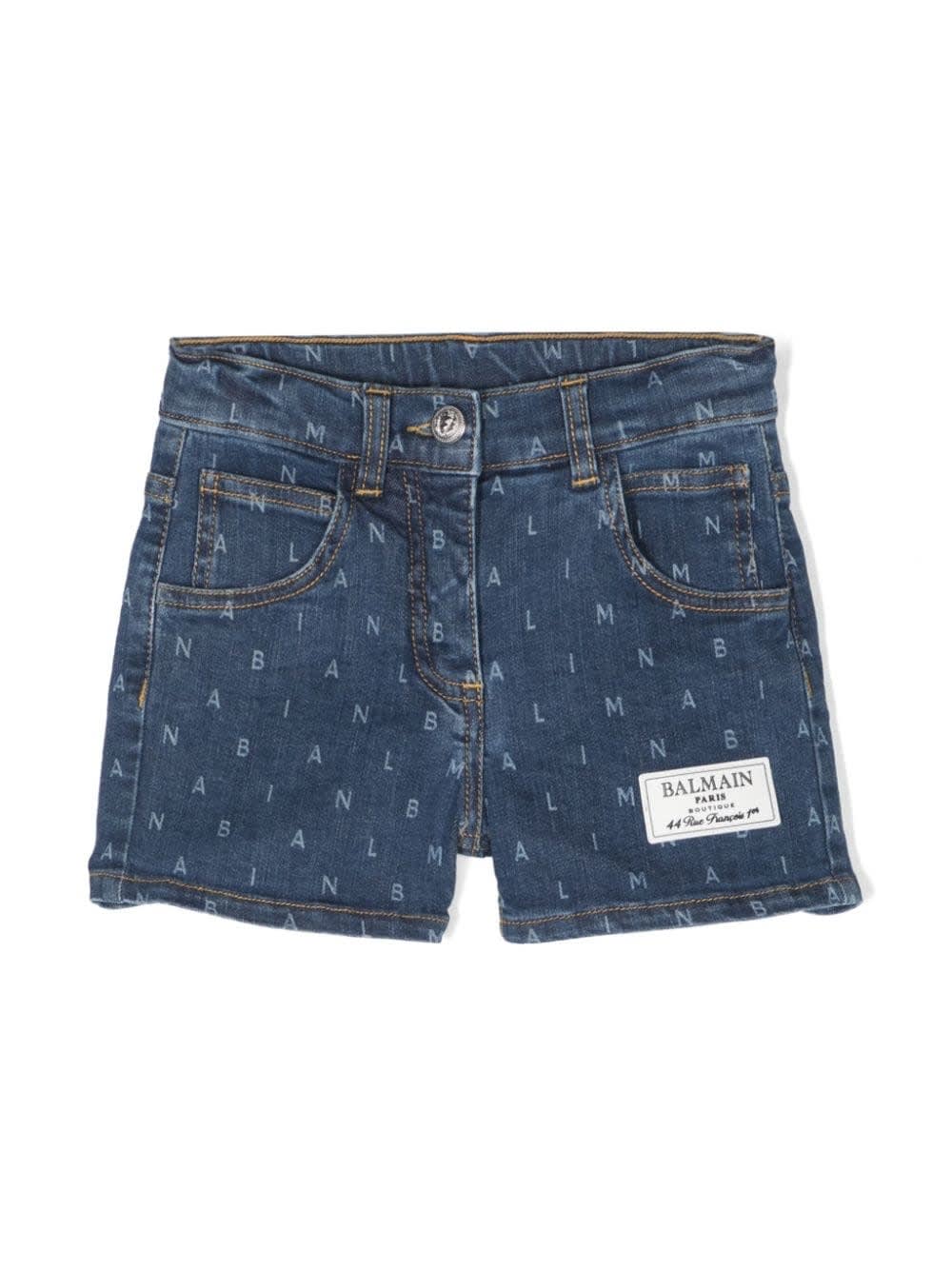 Shop Balmain Denim Shorts With All-over Logo In Blue