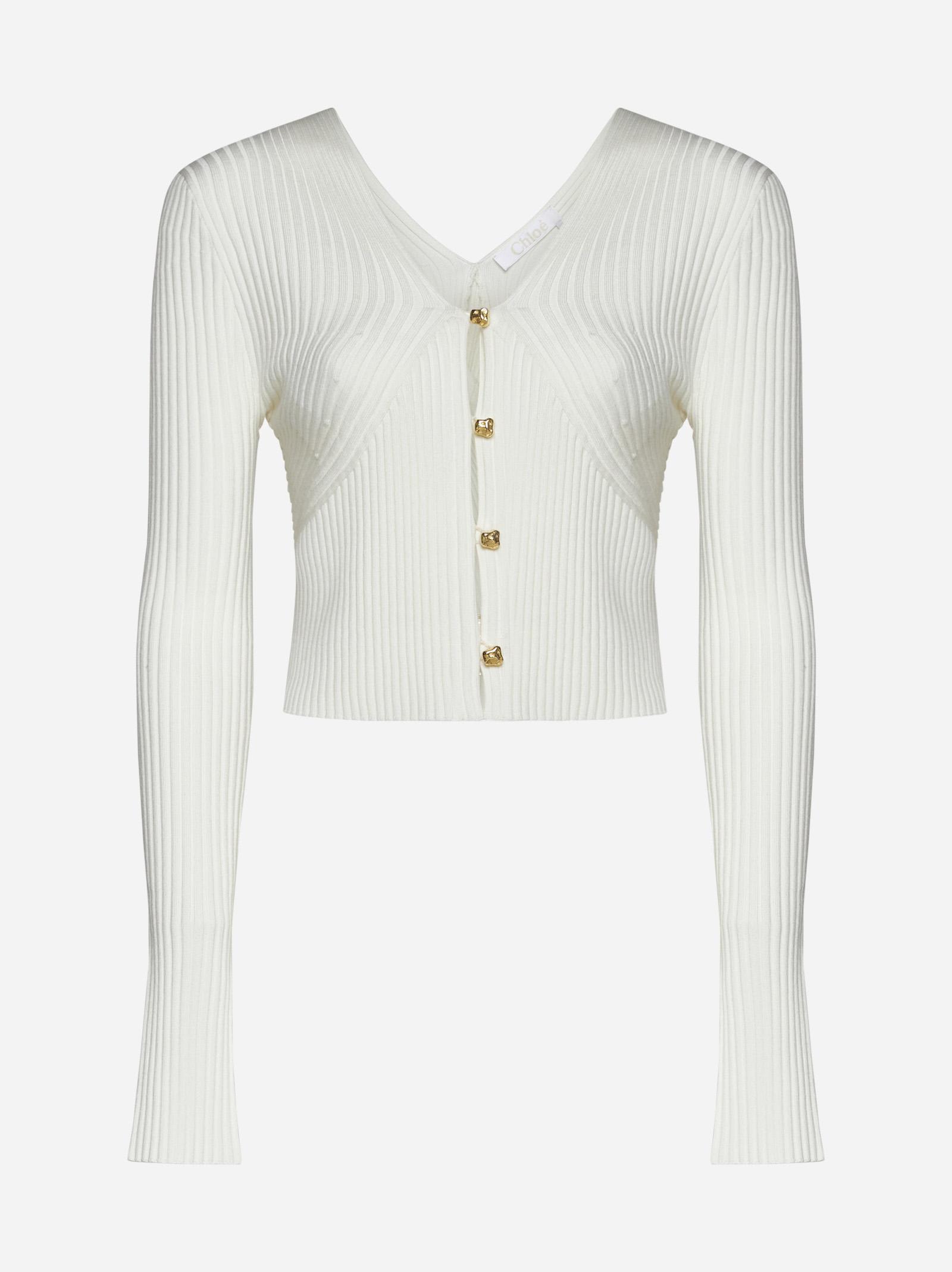 Chloé Wool-blend Rib-knit Cardigan In Bianco
