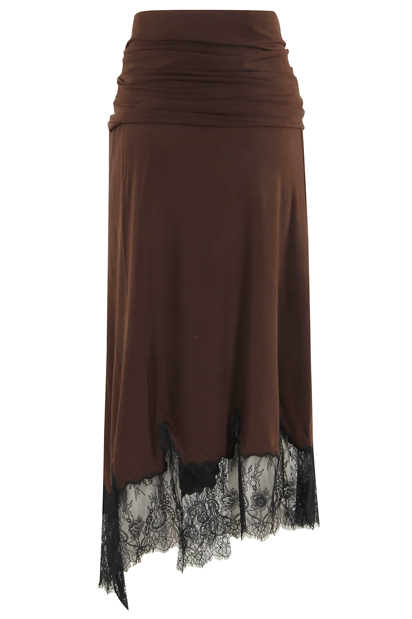The Andamane Draped Lace-trim Midi Skirt In Brown
