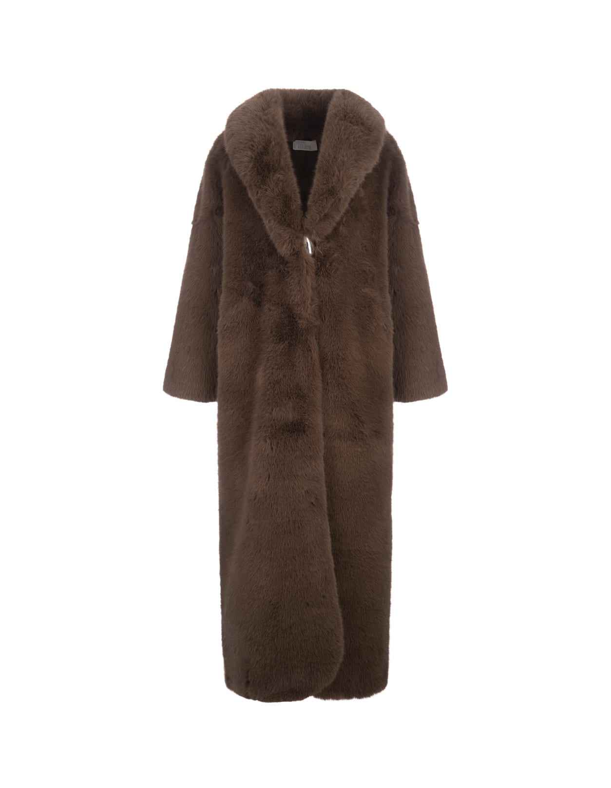 Shop Giuseppe Di Morabito Long Brown Faux Fur Coat With Brooch