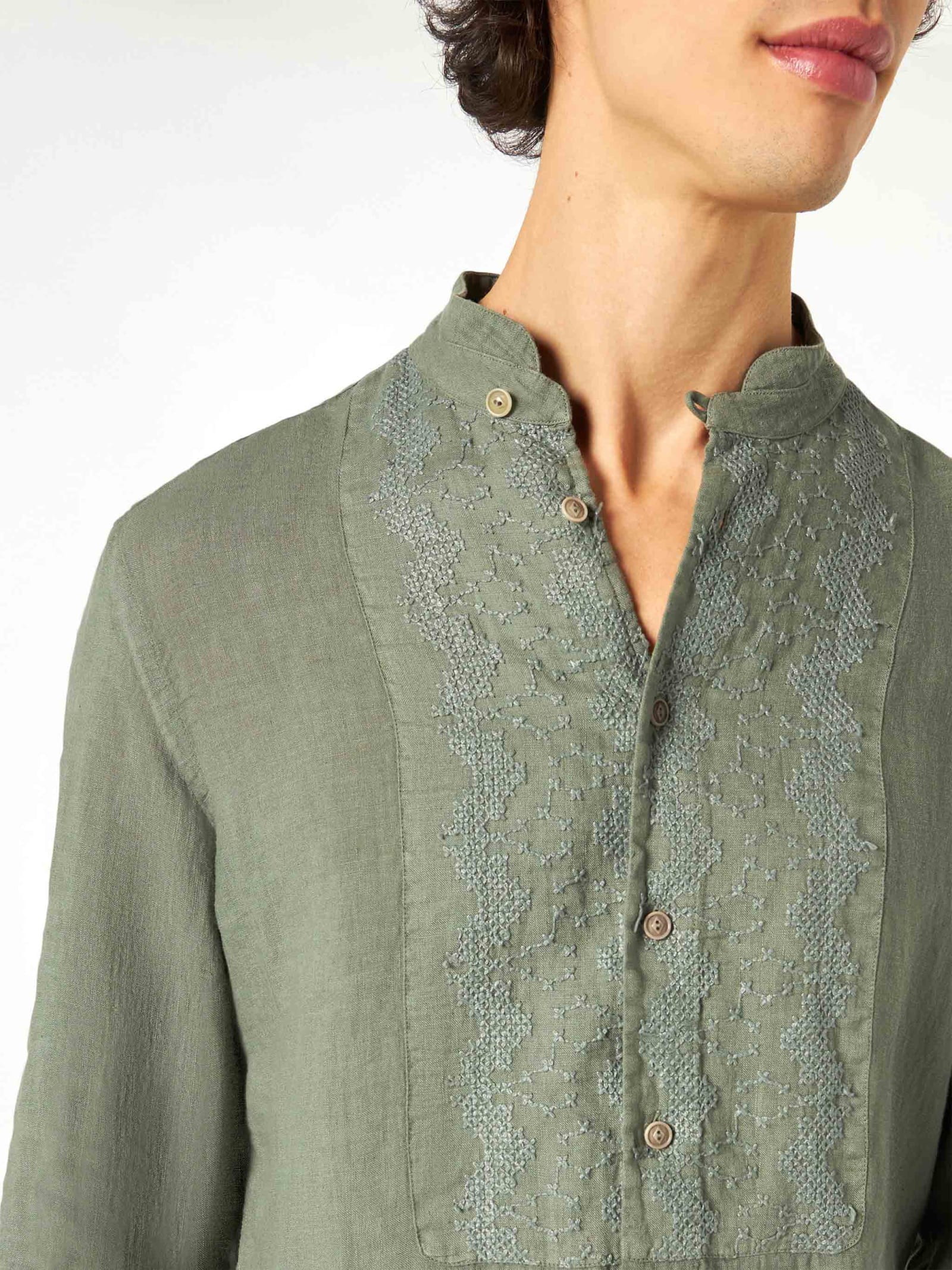 Shop Mc2 Saint Barth Man Military Green Linen Shirt