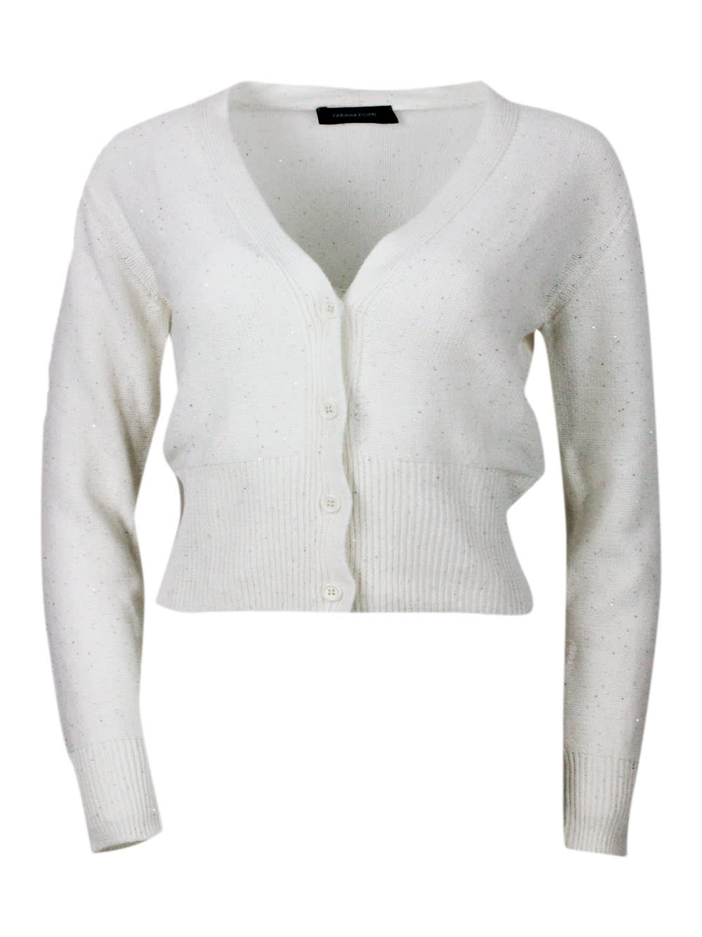 Shop Fabiana Filippi Cardigan Sweater With Button Closure Embellished With Brilliant Applied Microsequins In Cream