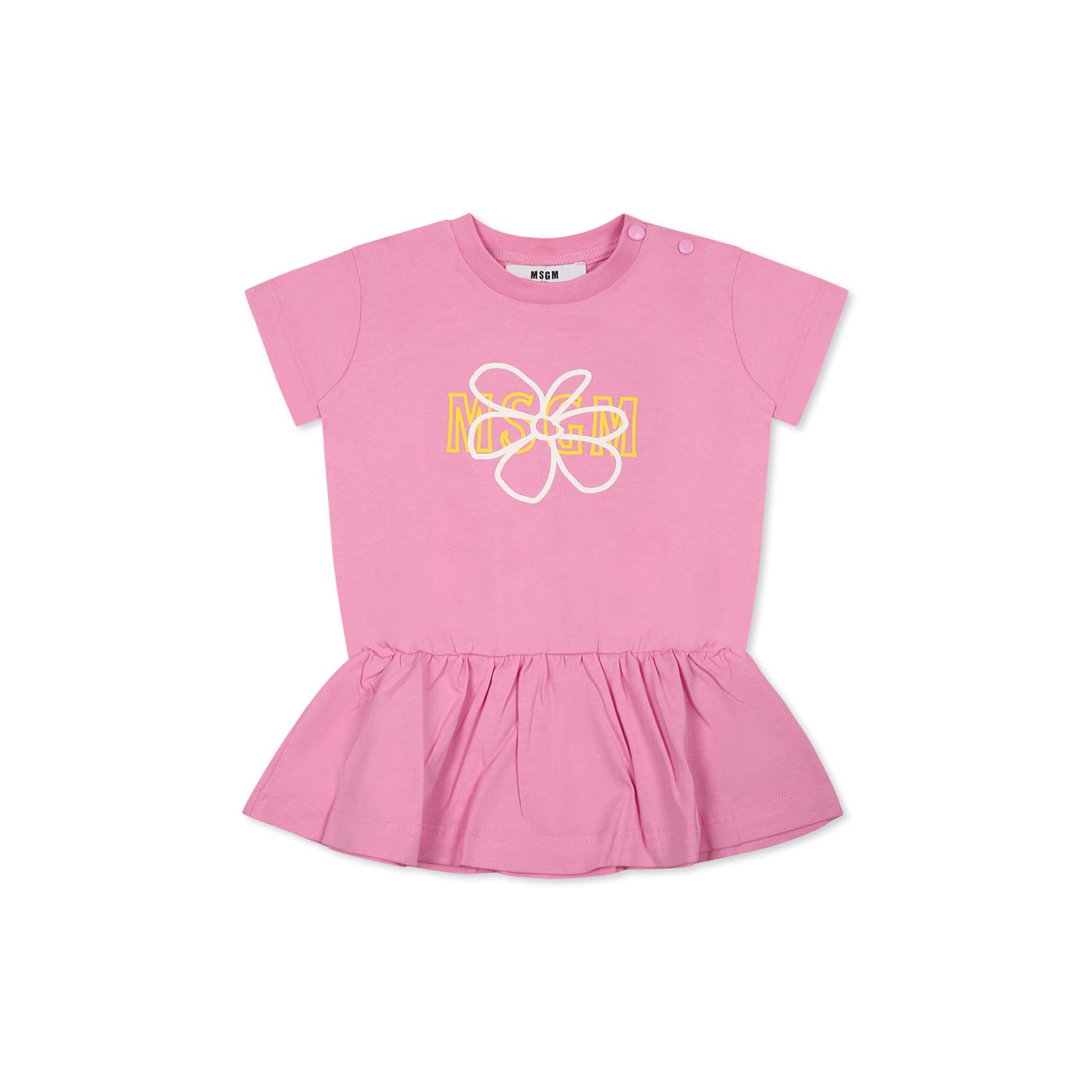 Msgm Pink Dress For Baby Girl With Logo And Flower In Pink