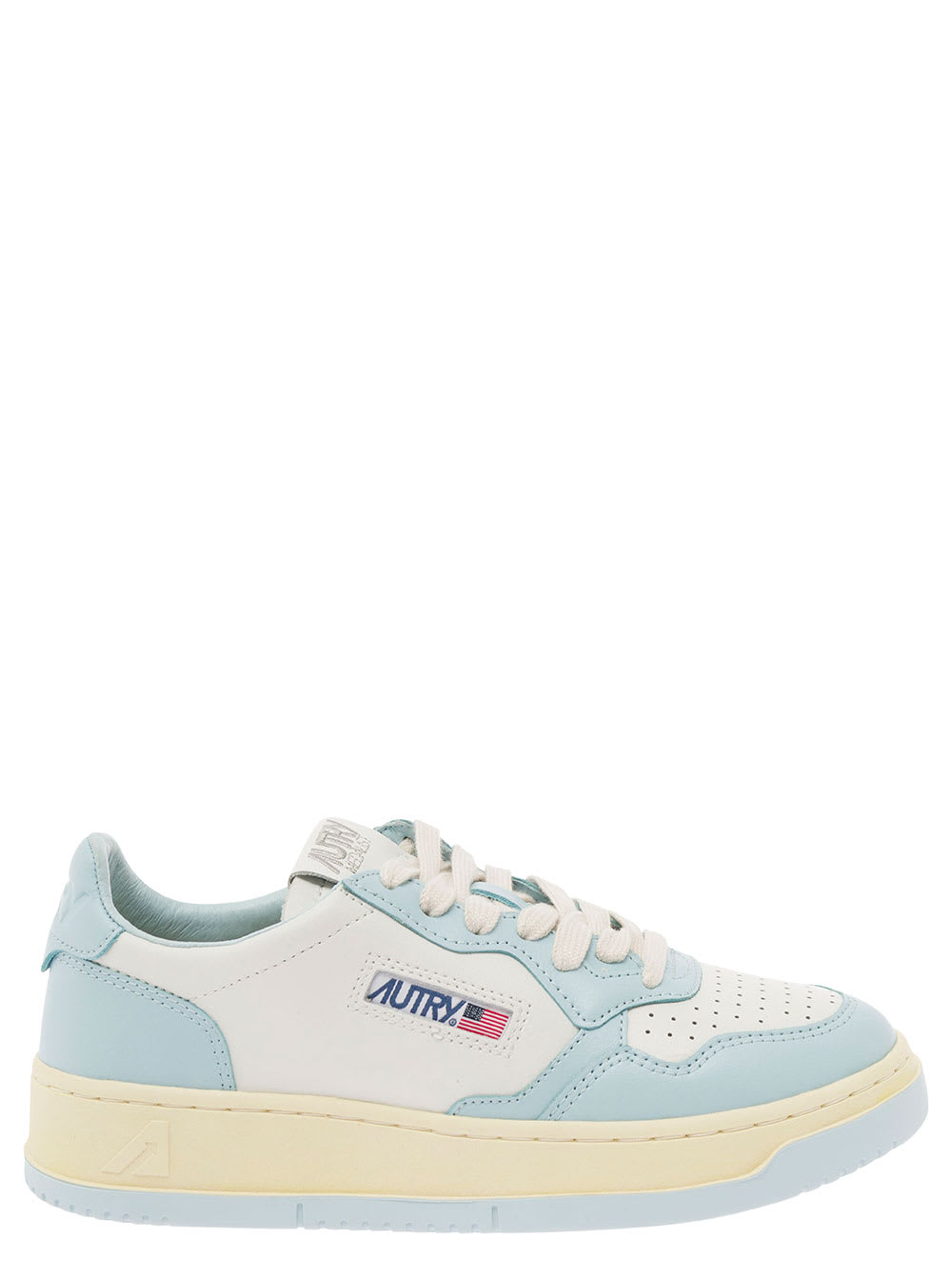 Shop Autry Medalist White And Light Blue Low Top Sneakers With Logo Patch In Leather Woman