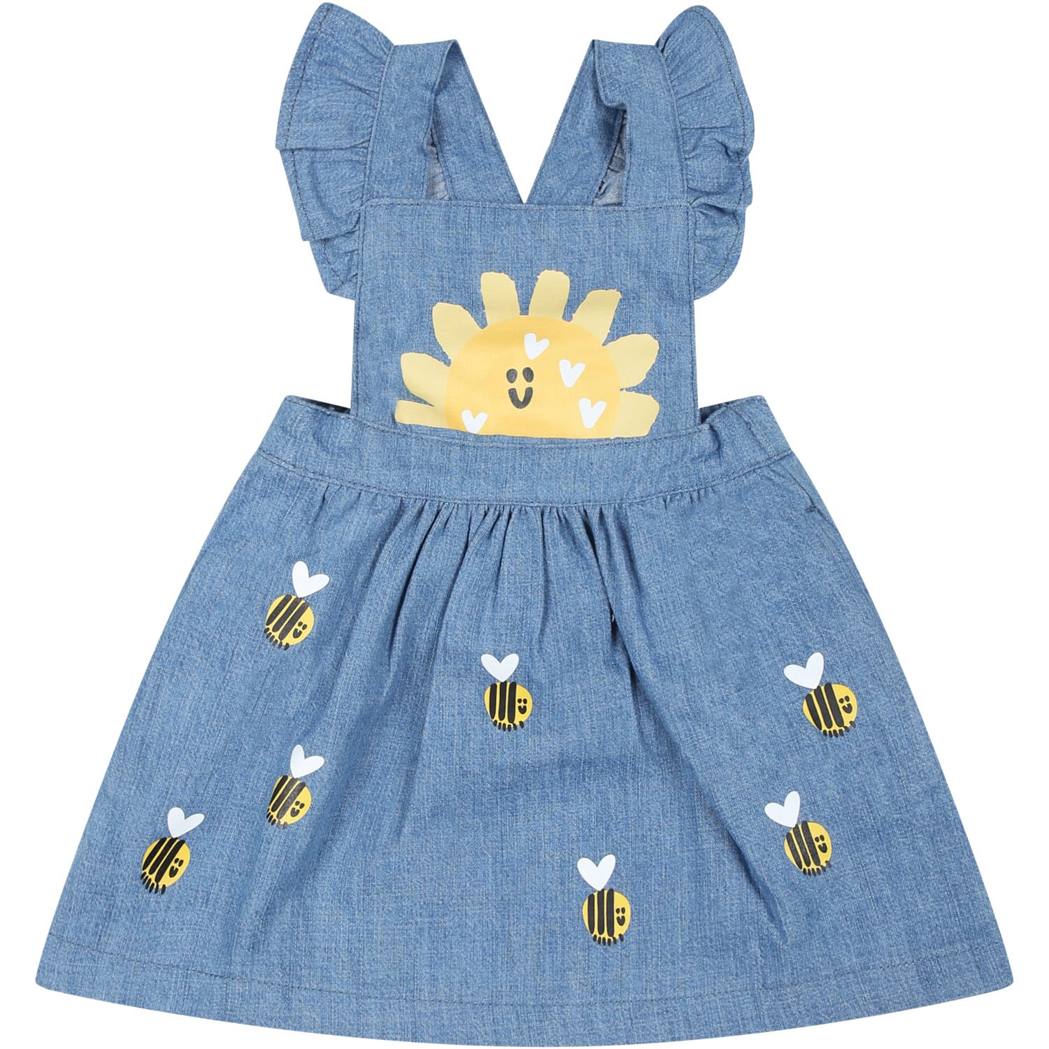 Stella Mccartney Kids' Blue Overalls For Baby Girl With Bees In Celeste/multicolor
