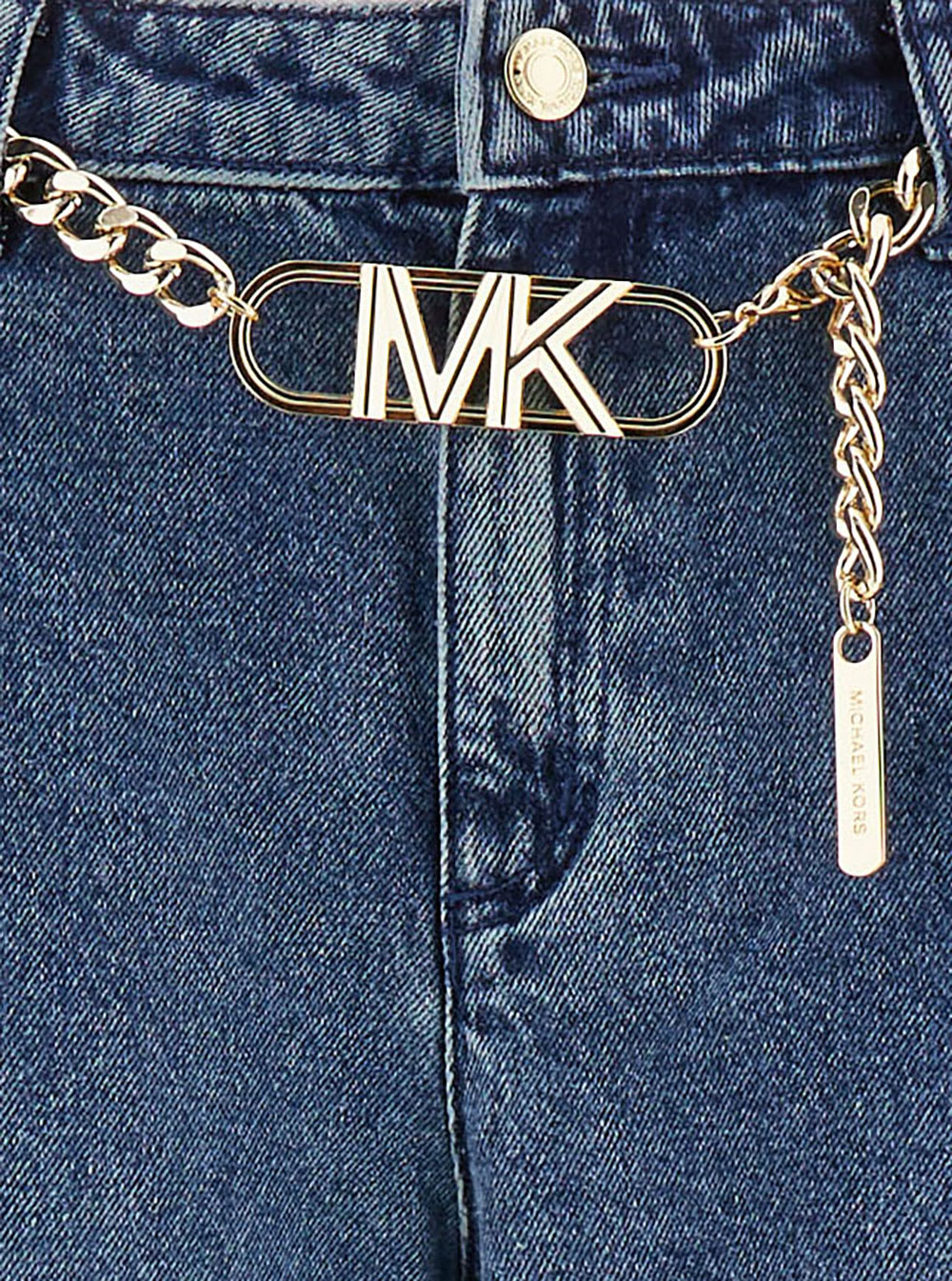 Shop Michael Kors Flare Chain Belt Dnm Jean In Dusk Blue Wash