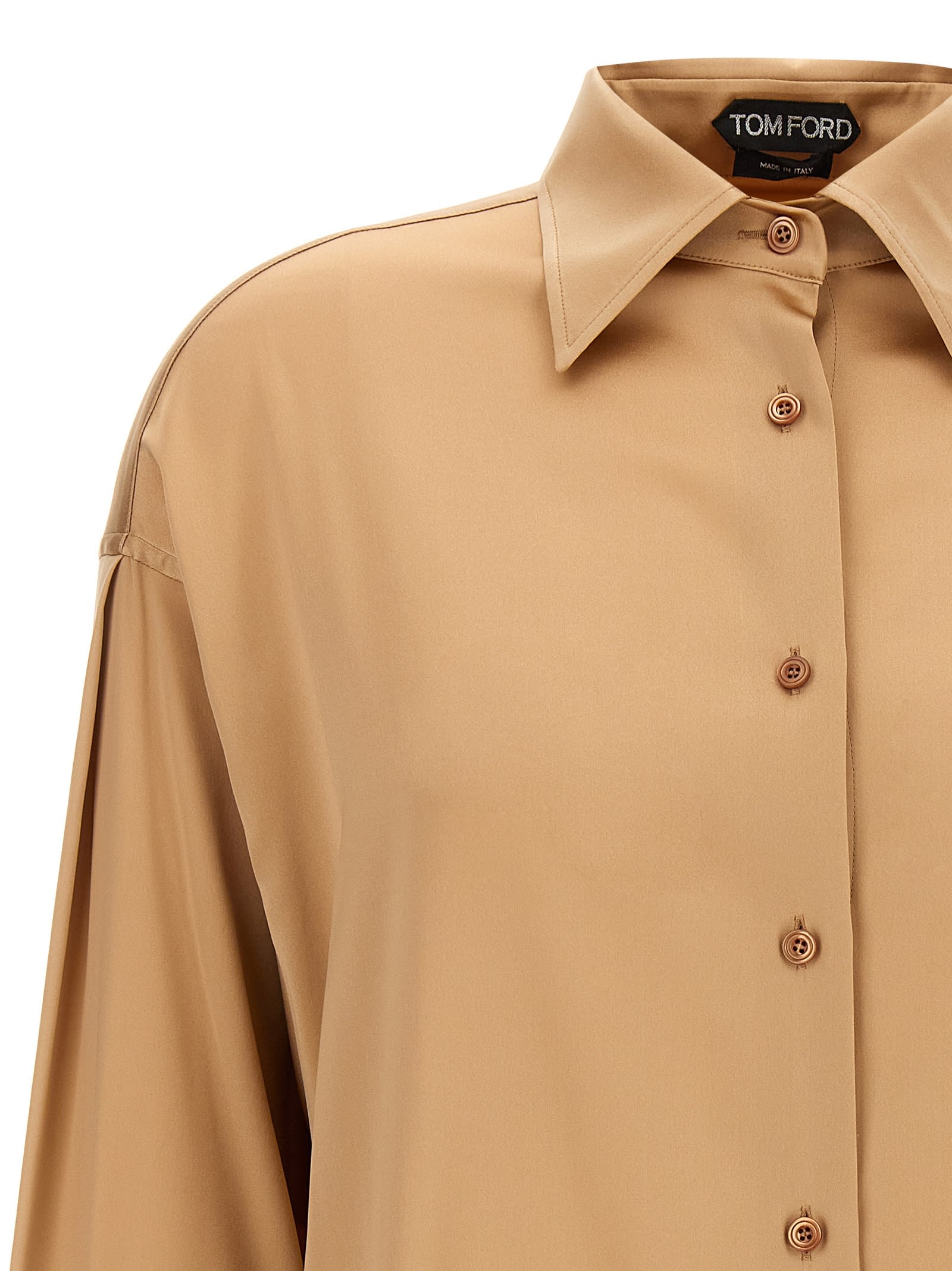 Tom Ford Luxe Silk Shirt With Long Sleeves And Pleated Back In Pale Beige