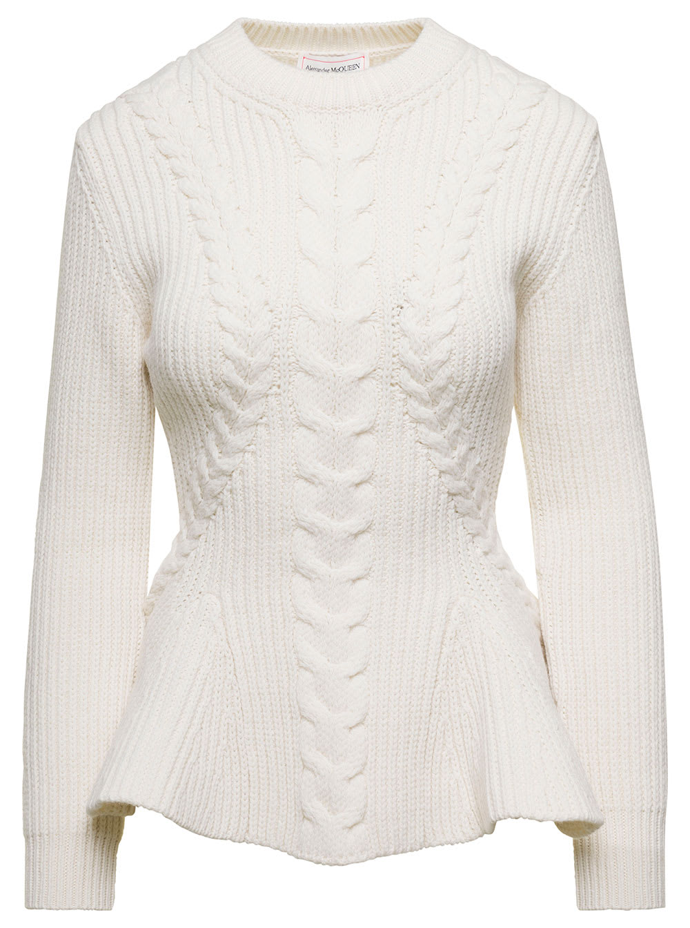 Shop Alexander Mcqueen White Cable-knit Sweater With Flared Hem In Wool And Cashmere Woman